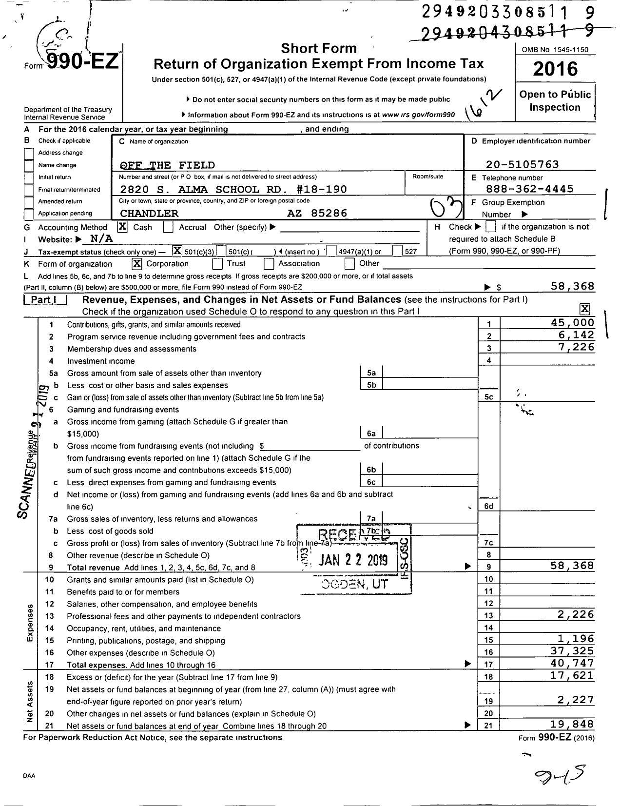 Image of first page of 2016 Form 990EZ for Off the Field