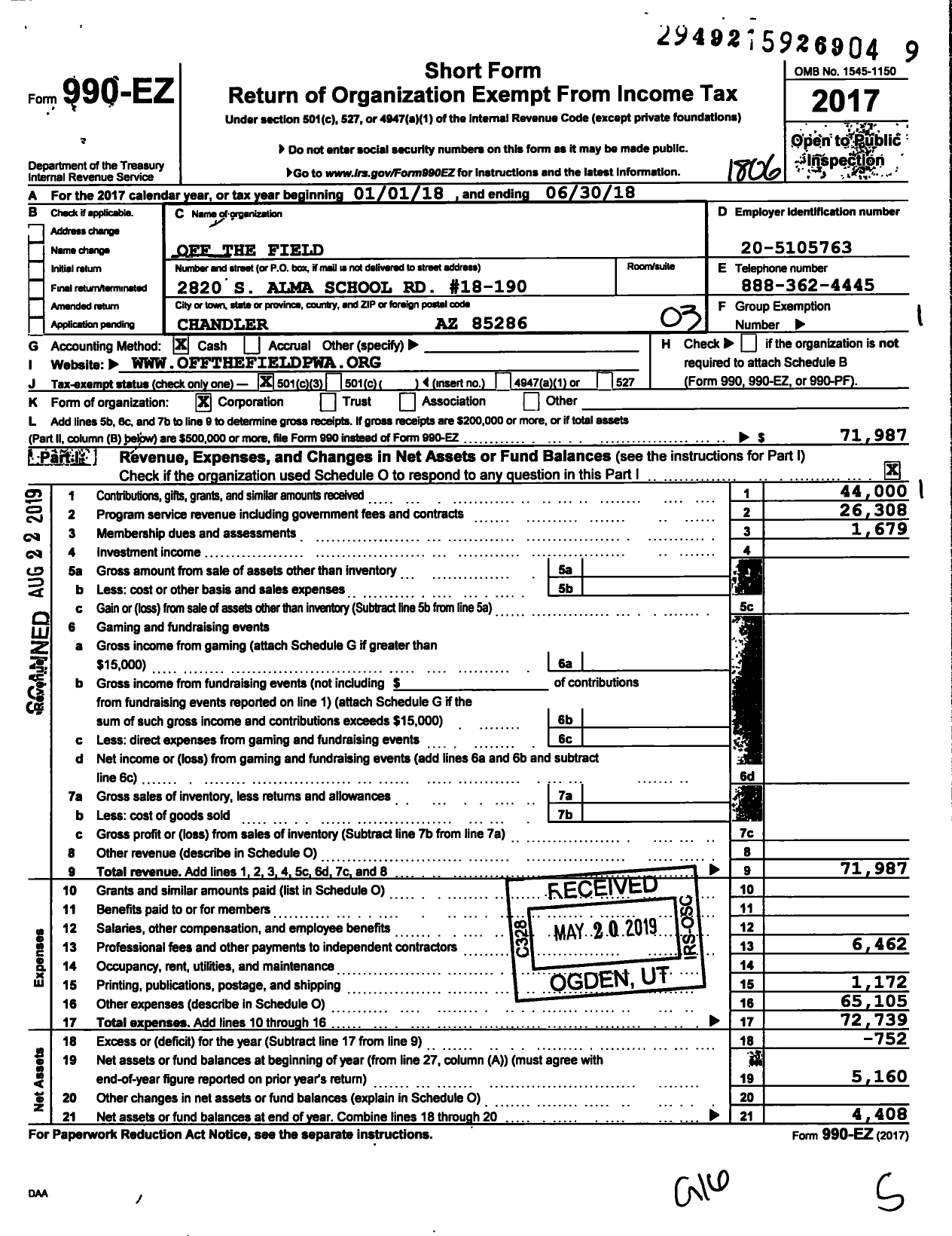 Image of first page of 2017 Form 990EZ for Off the Field