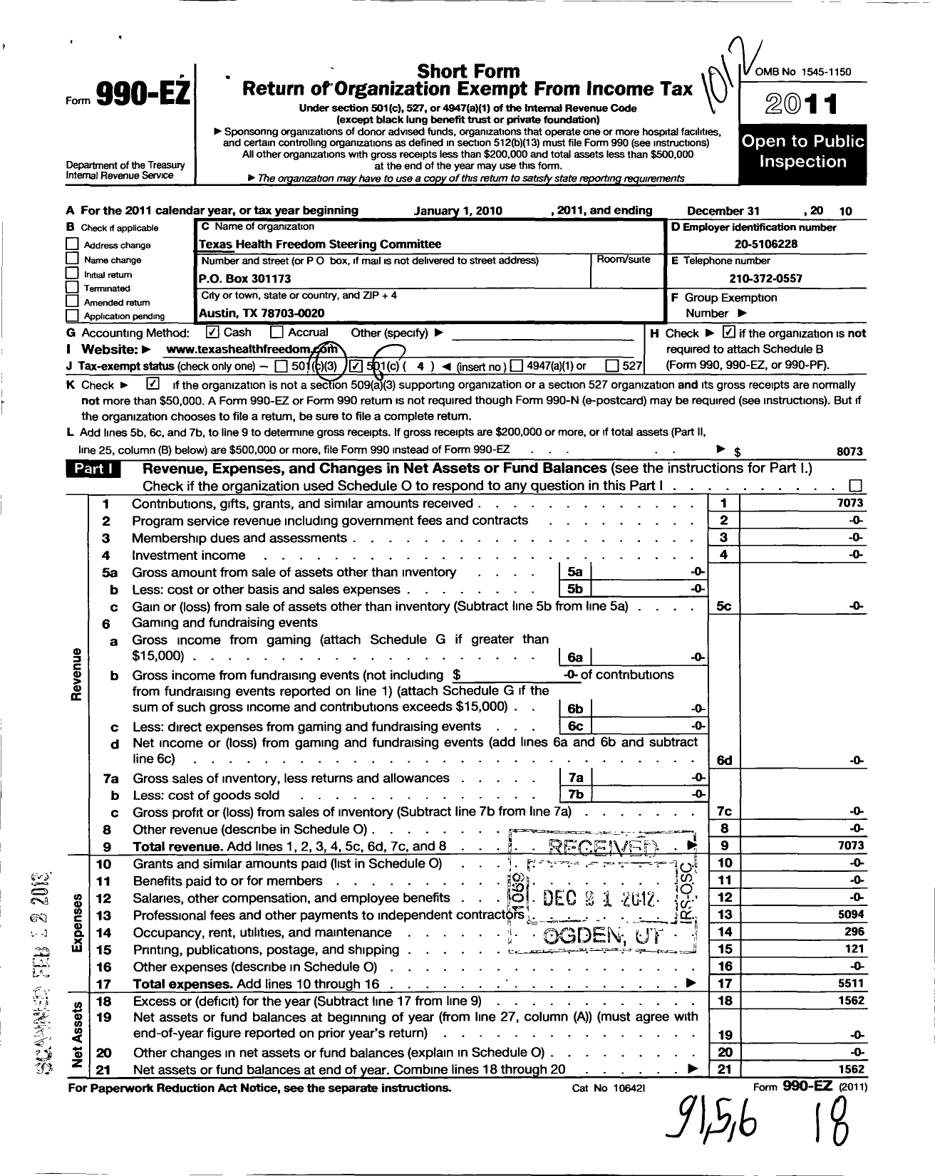 Image of first page of 2010 Form 990EO for Texas Health Freedom Steering Committee