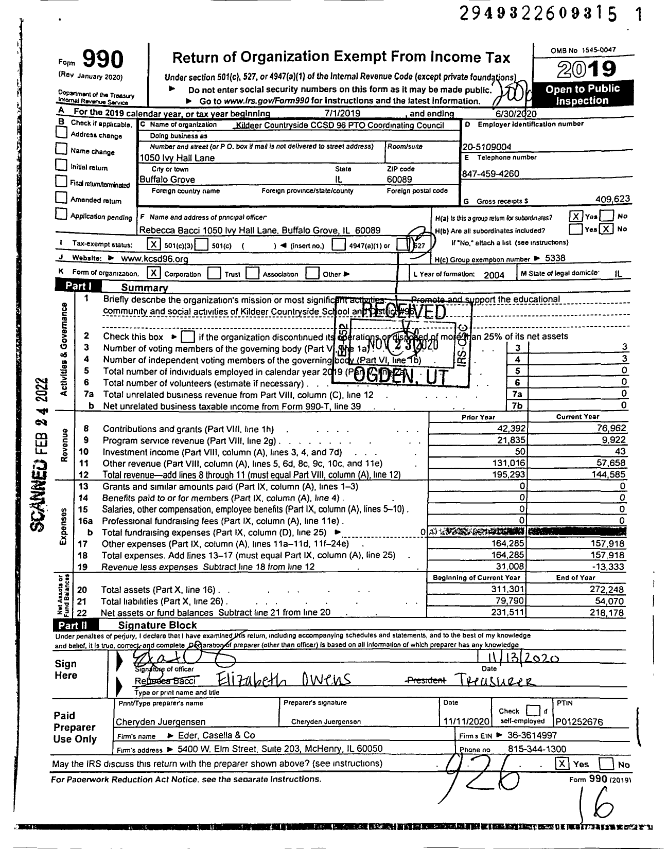 Image of first page of 2019 Form 990 for Kildeer Countryside CCSD 96 PTO Coordinating Council / Group Return