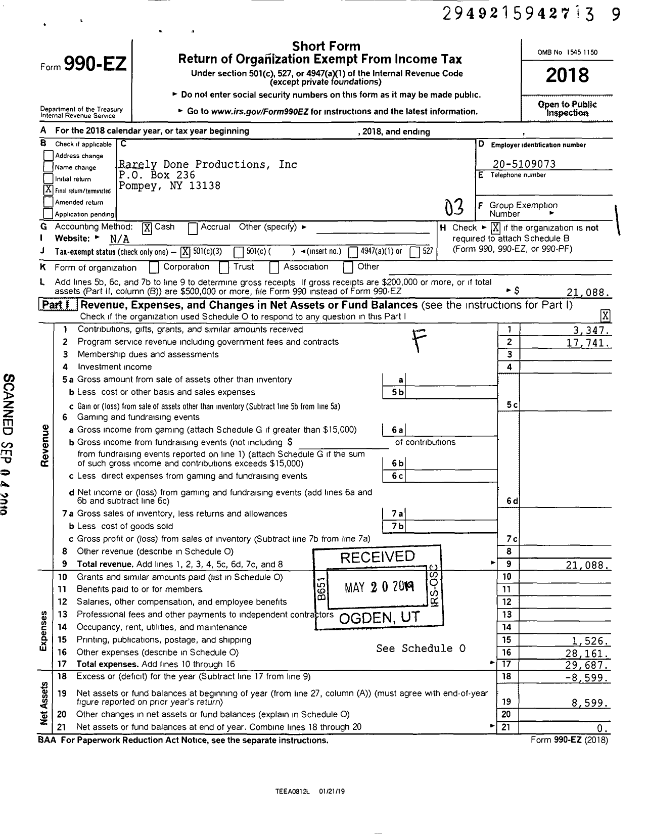 Image of first page of 2018 Form 990EZ for Rarely Done Productions