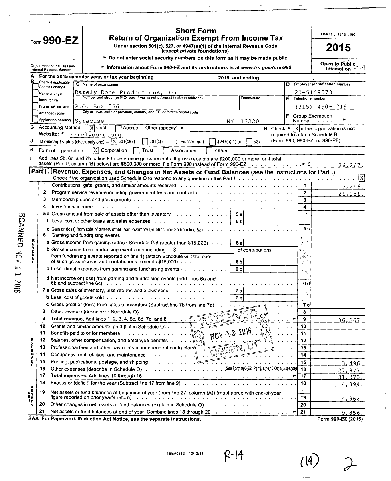 Image of first page of 2015 Form 990EZ for Rarely Done Productions