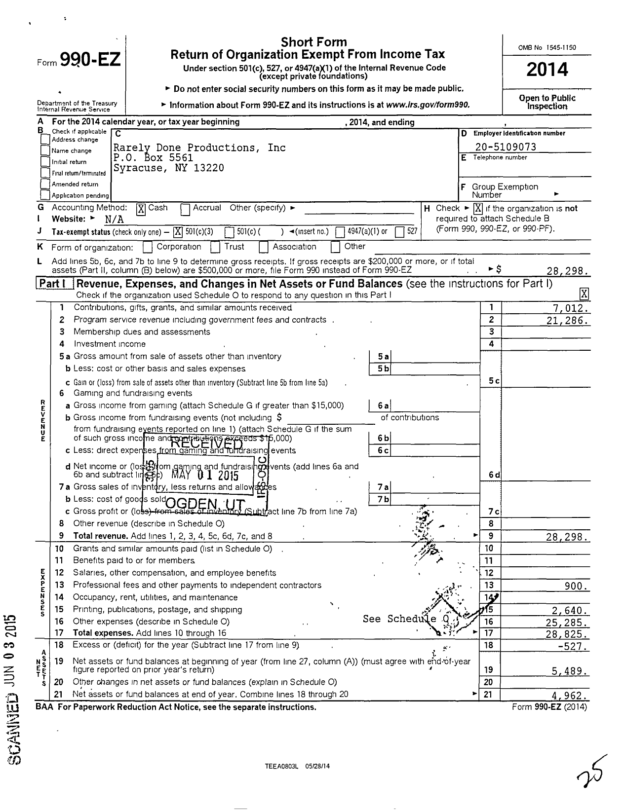 Image of first page of 2014 Form 990EZ for Rarely Done Productions