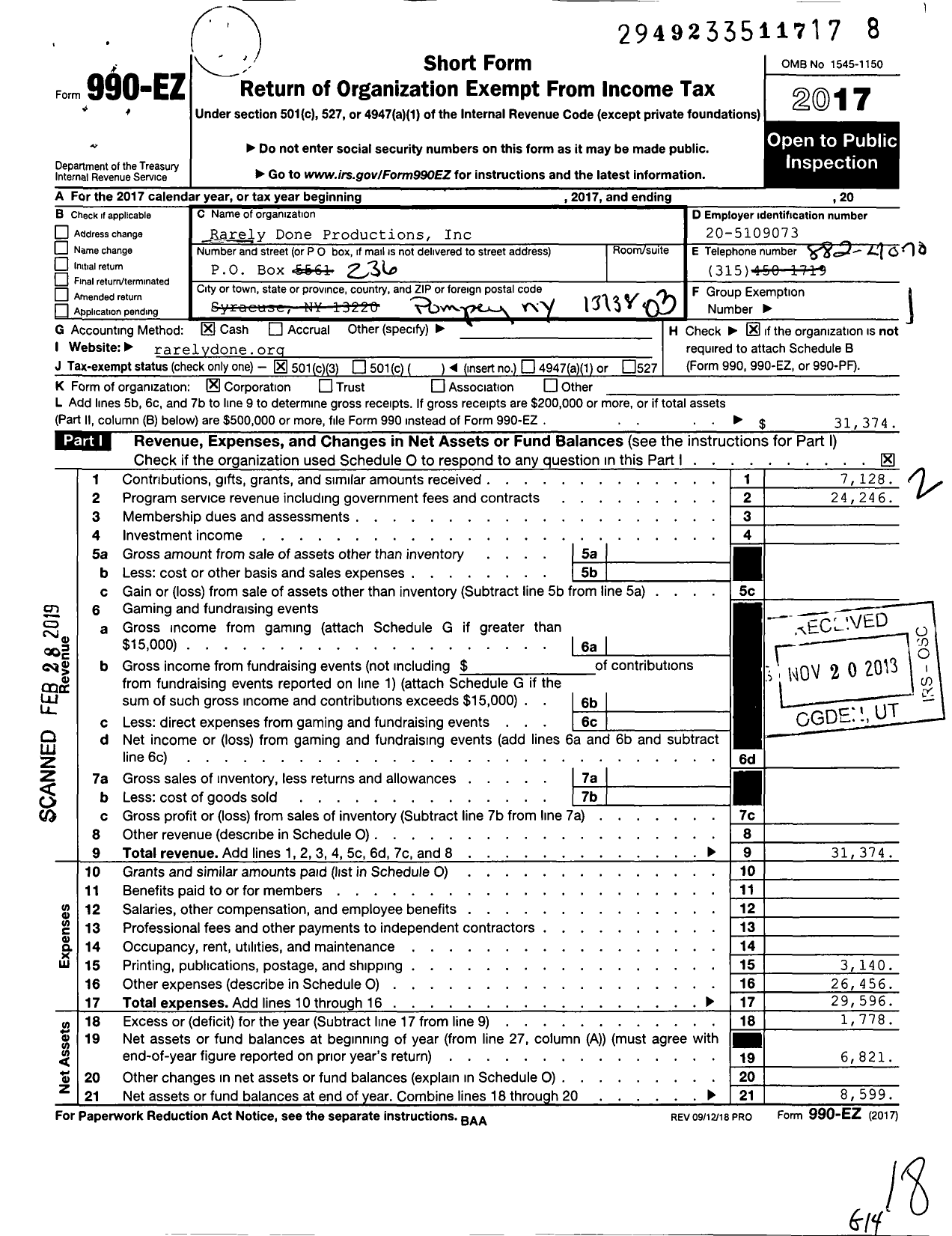 Image of first page of 2017 Form 990EZ for Rarely Done Productions