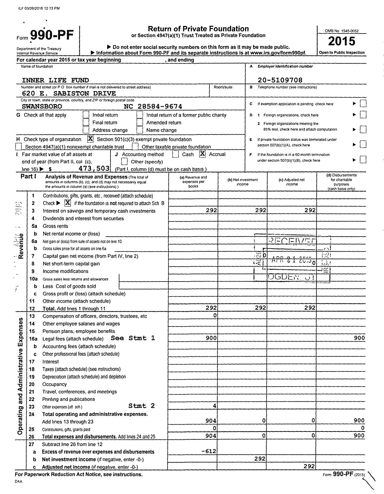Image of first page of 2015 Form 990PF for Inner Life Fund