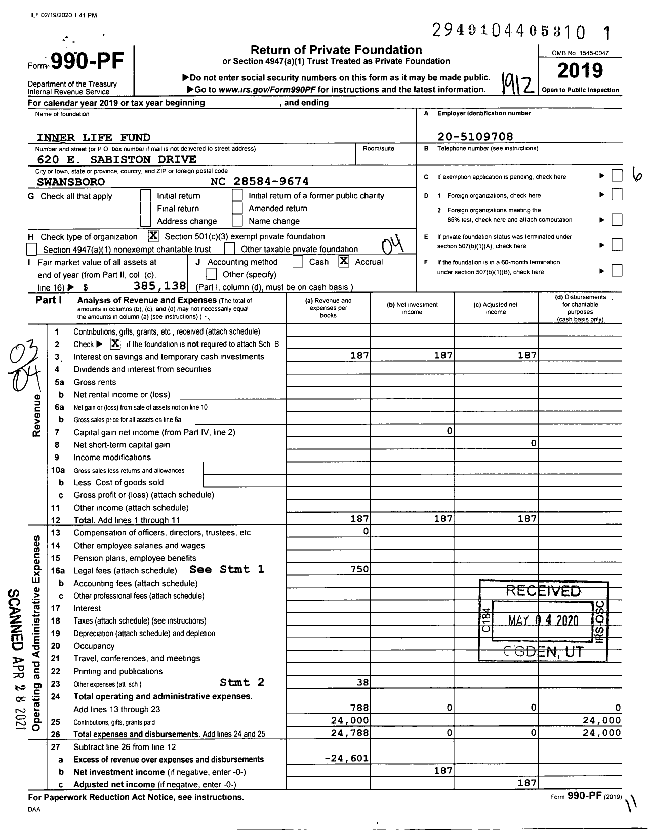 Image of first page of 2019 Form 990PF for Inner Life Fund