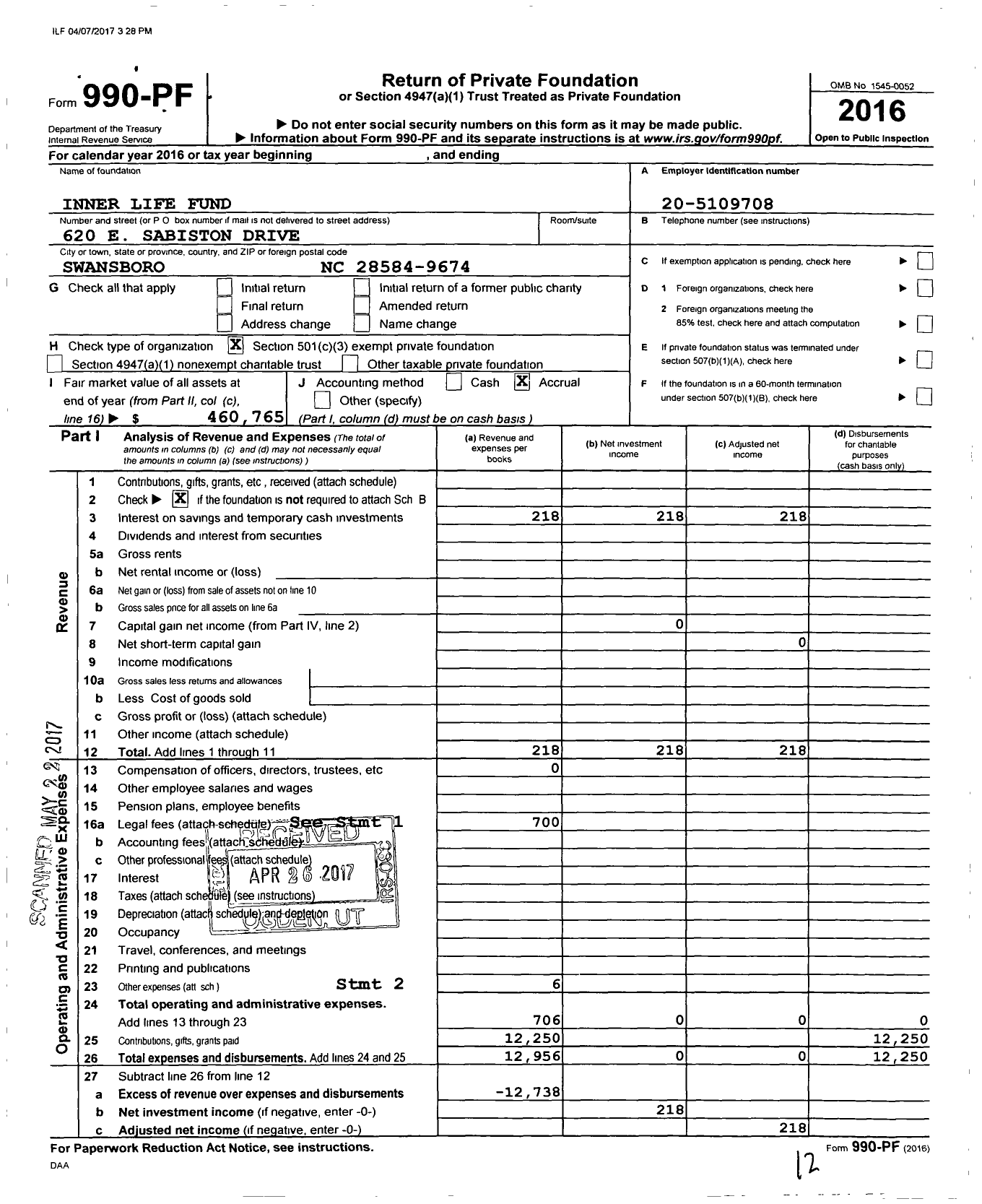 Image of first page of 2016 Form 990PF for Inner Life Fund