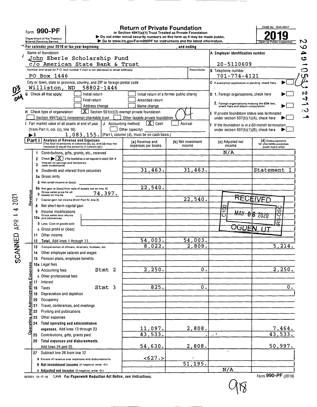 Image of first page of 2019 Form 990PF for John Eberle Scholarship Fund