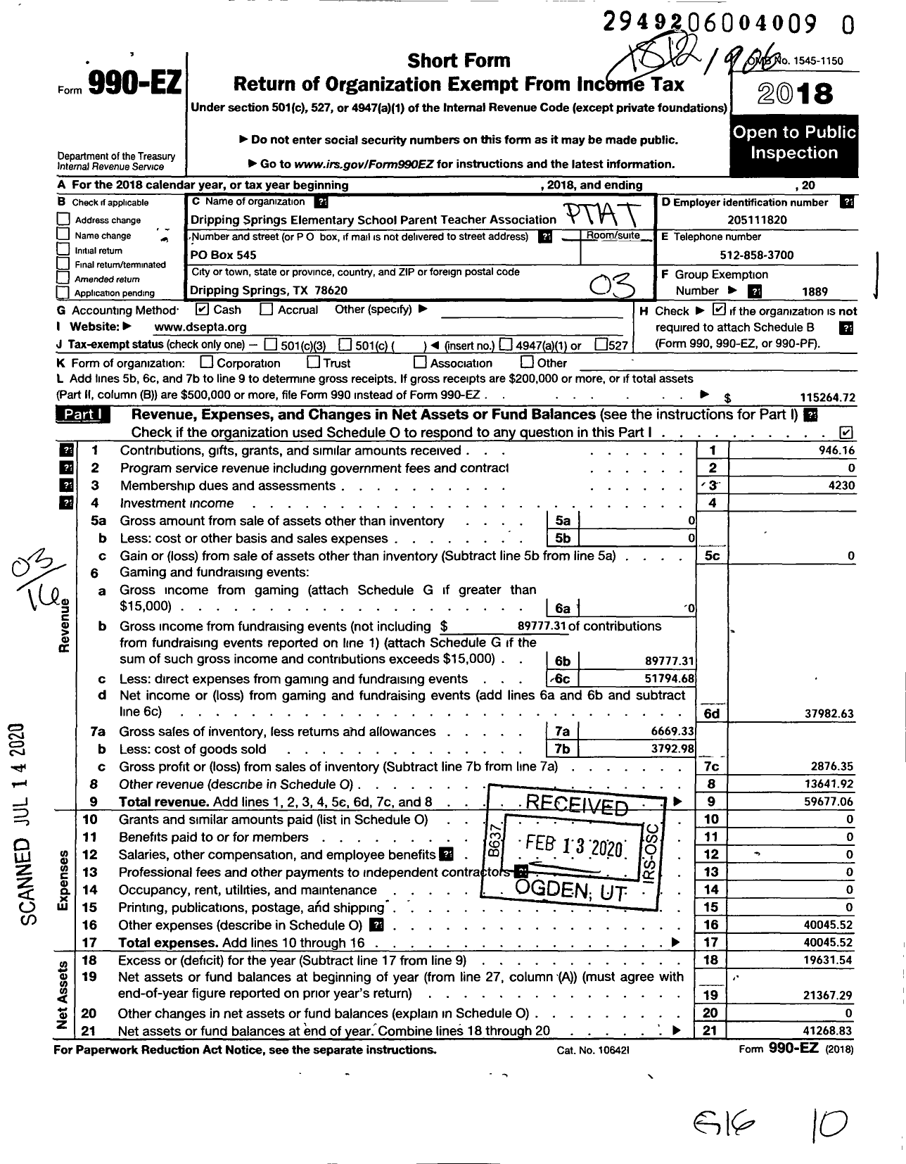 Image of first page of 2018 Form 990EZ for TEXAS PTA - Dripping Springs Elementary PTA TEXAS CONGRESS