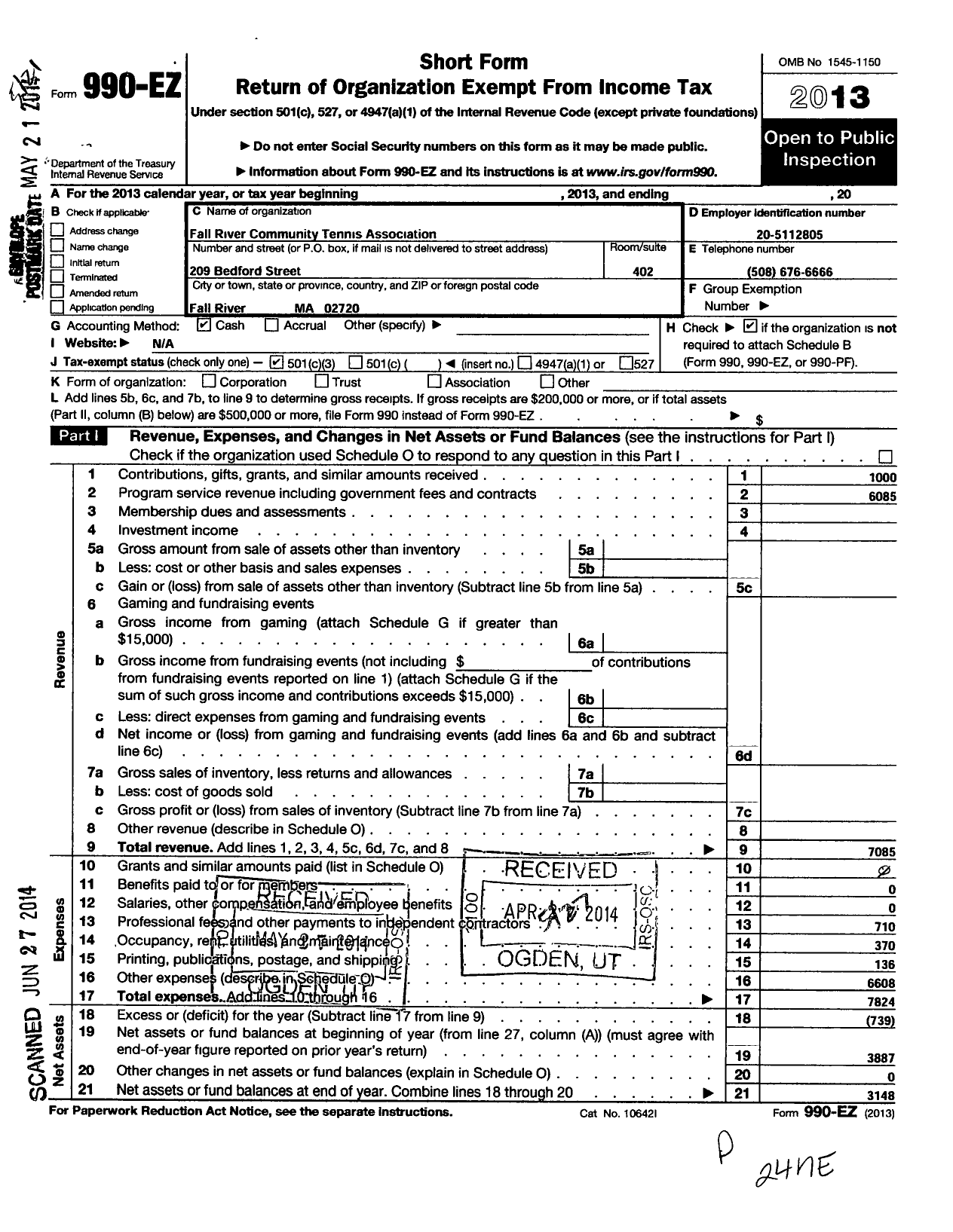 Image of first page of 2013 Form 990EZ for Fall River Community Tennis Association