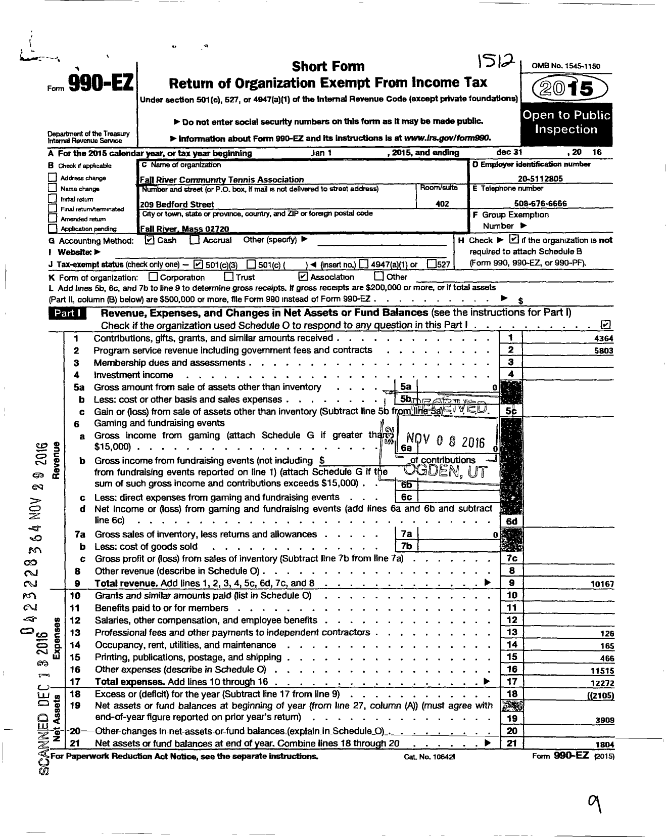 Image of first page of 2015 Form 990EZ for Fall River Community Tennis Association