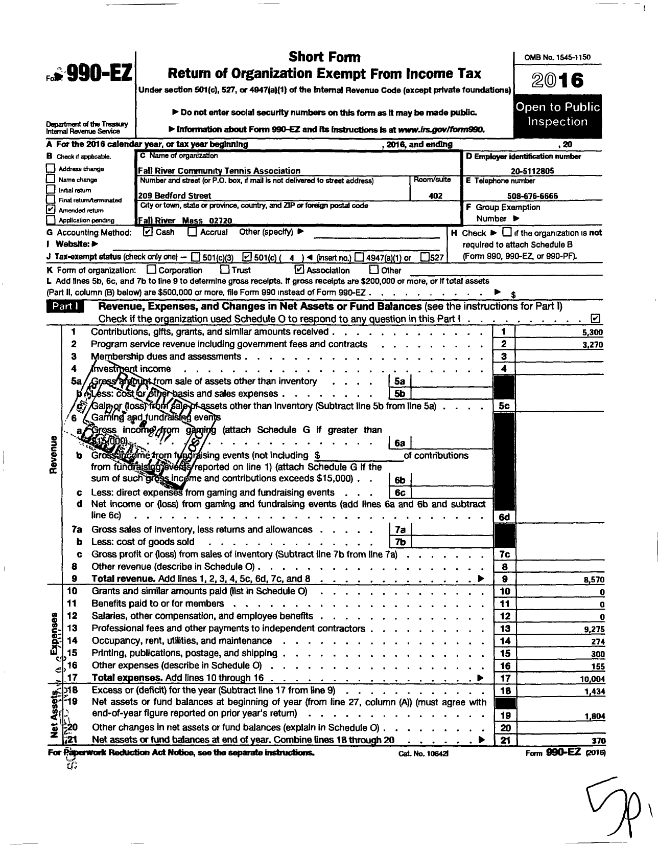 Image of first page of 2016 Form 990EO for Fall River Community Tennis Association