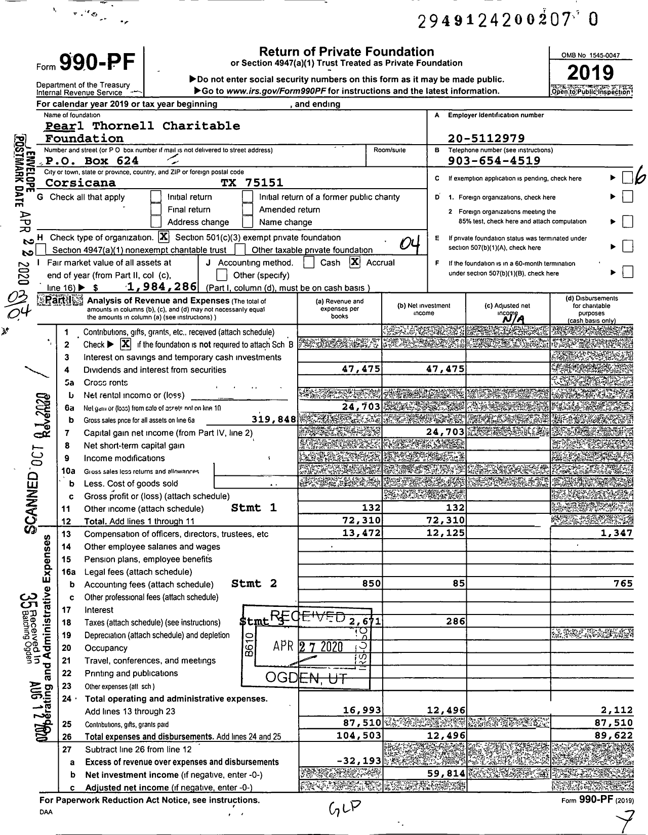 Image of first page of 2019 Form 990PR for Pearl Thornell Charitable Foundation