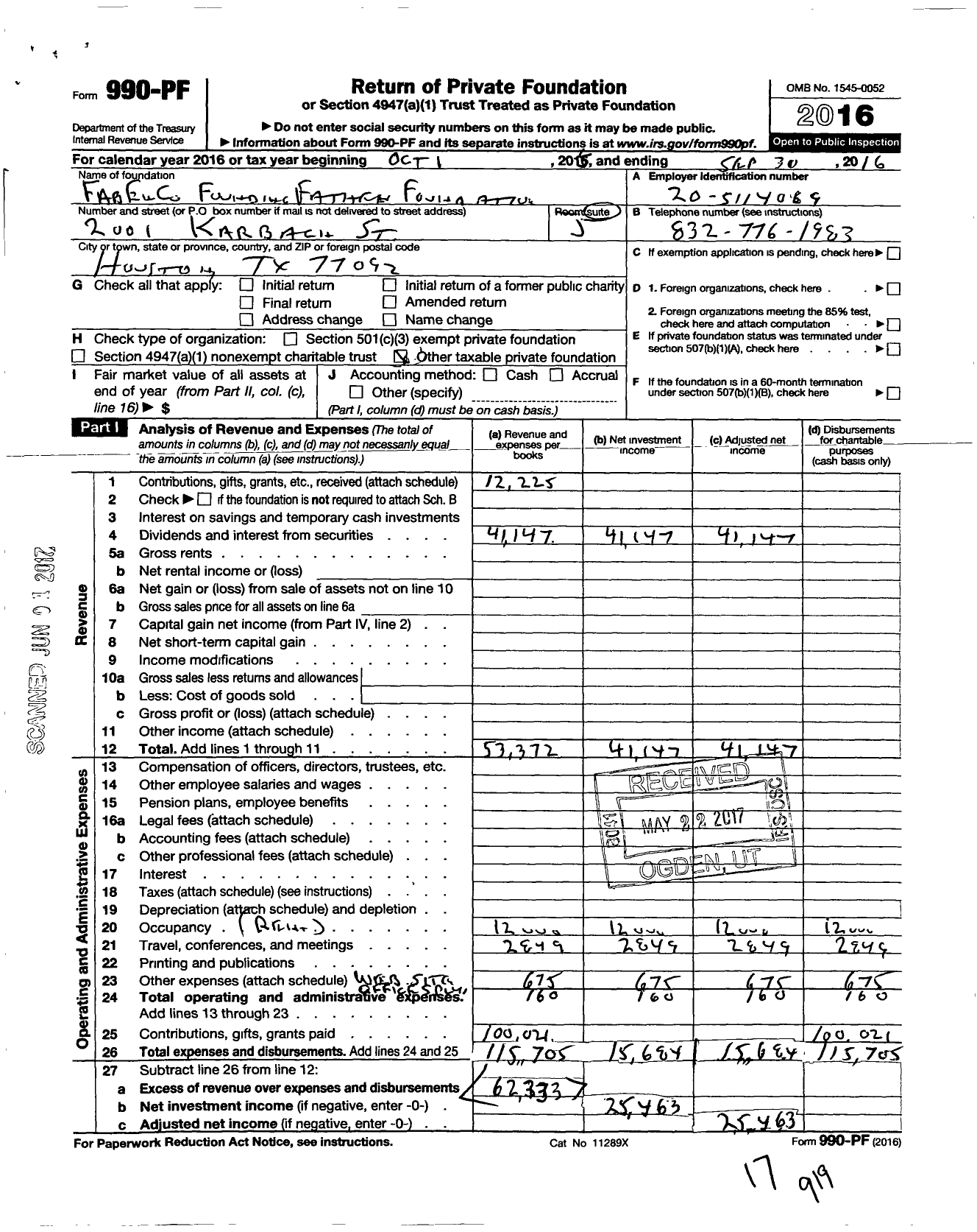 Image of first page of 2015 Form 990PF for Fabenco Founding Fathers Foundation