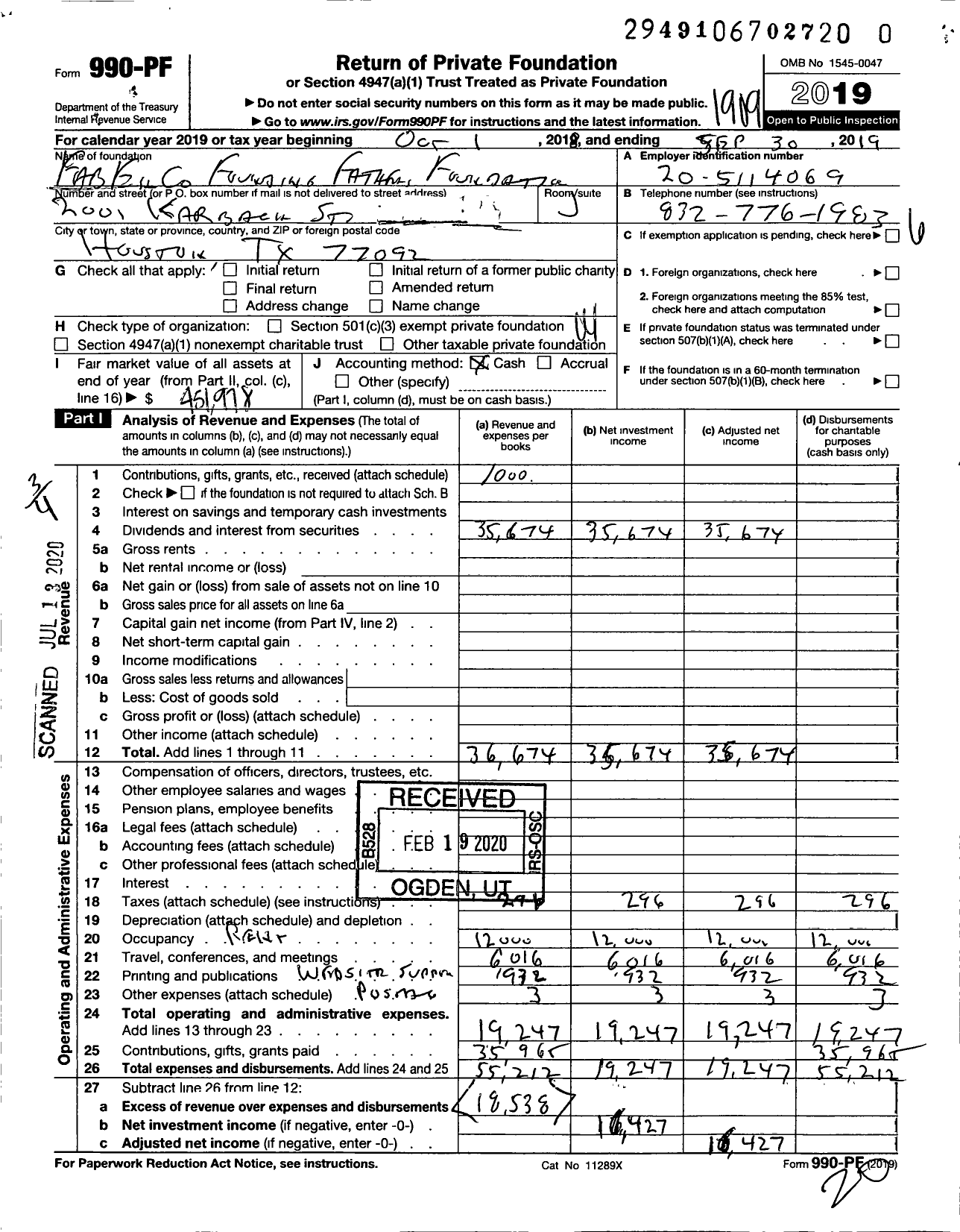 Image of first page of 2018 Form 990PR for Fabenco Founding Fathers Foundation