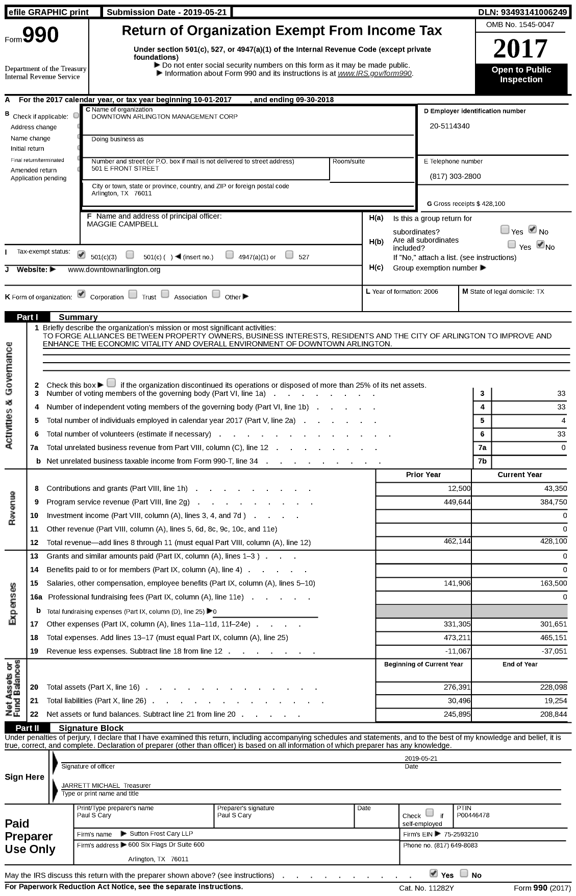 Image of first page of 2017 Form 990 for Downtown Arlington Management Corporation