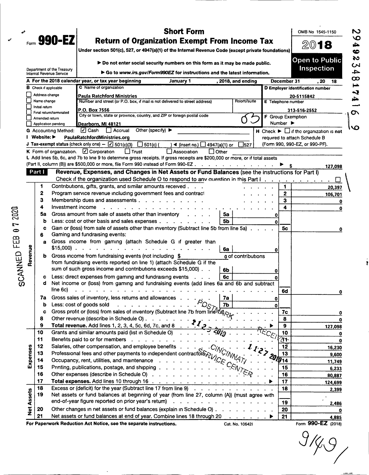 Image of first page of 2018 Form 990EZ for Paula Ratchford Ministries