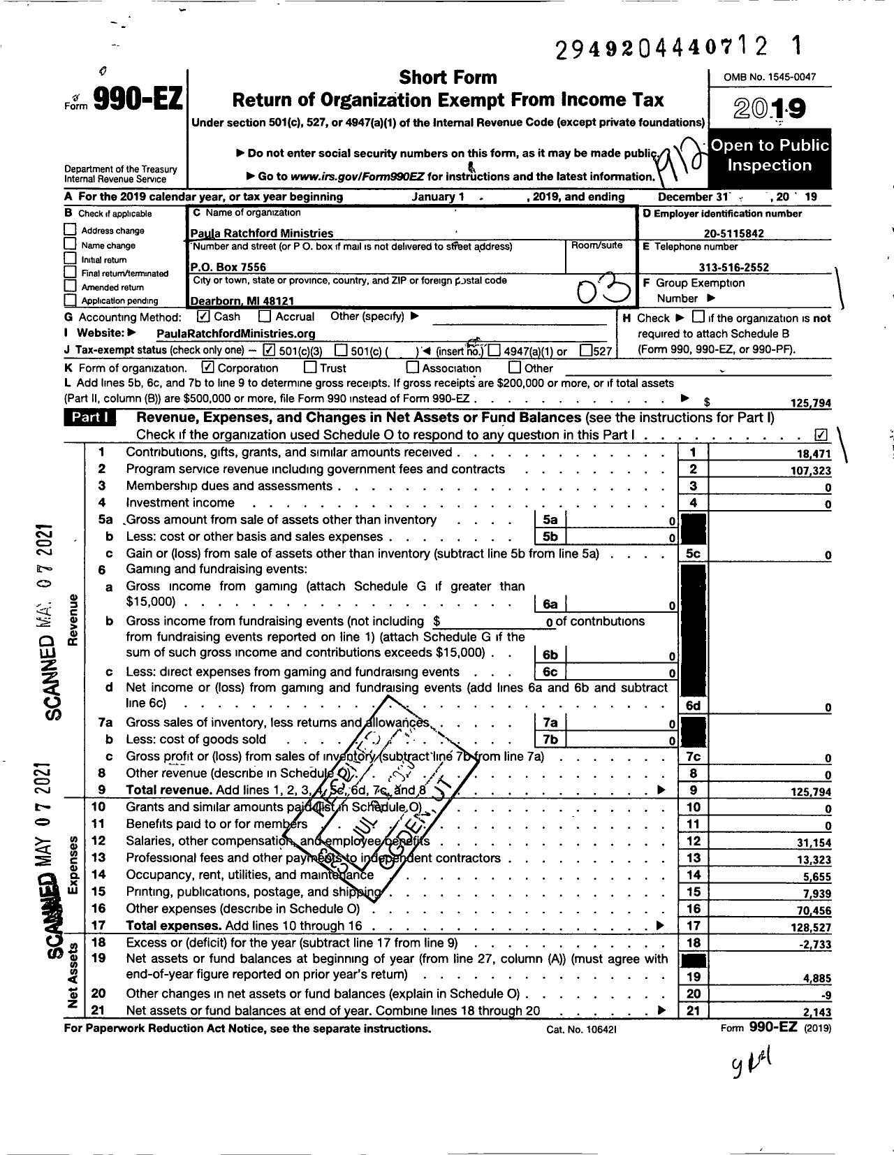 Image of first page of 2019 Form 990EZ for Paula Ratchford Ministries