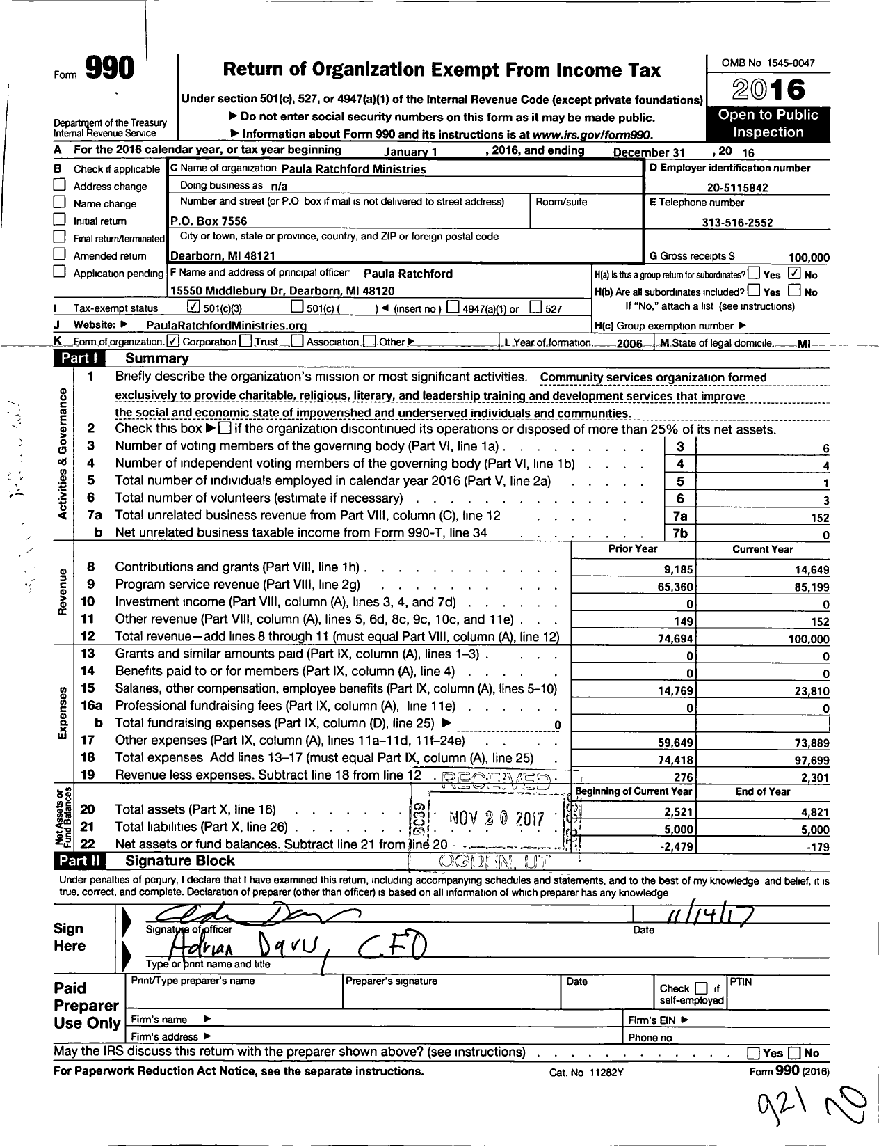 Image of first page of 2016 Form 990 for Paula Ratchford Ministries