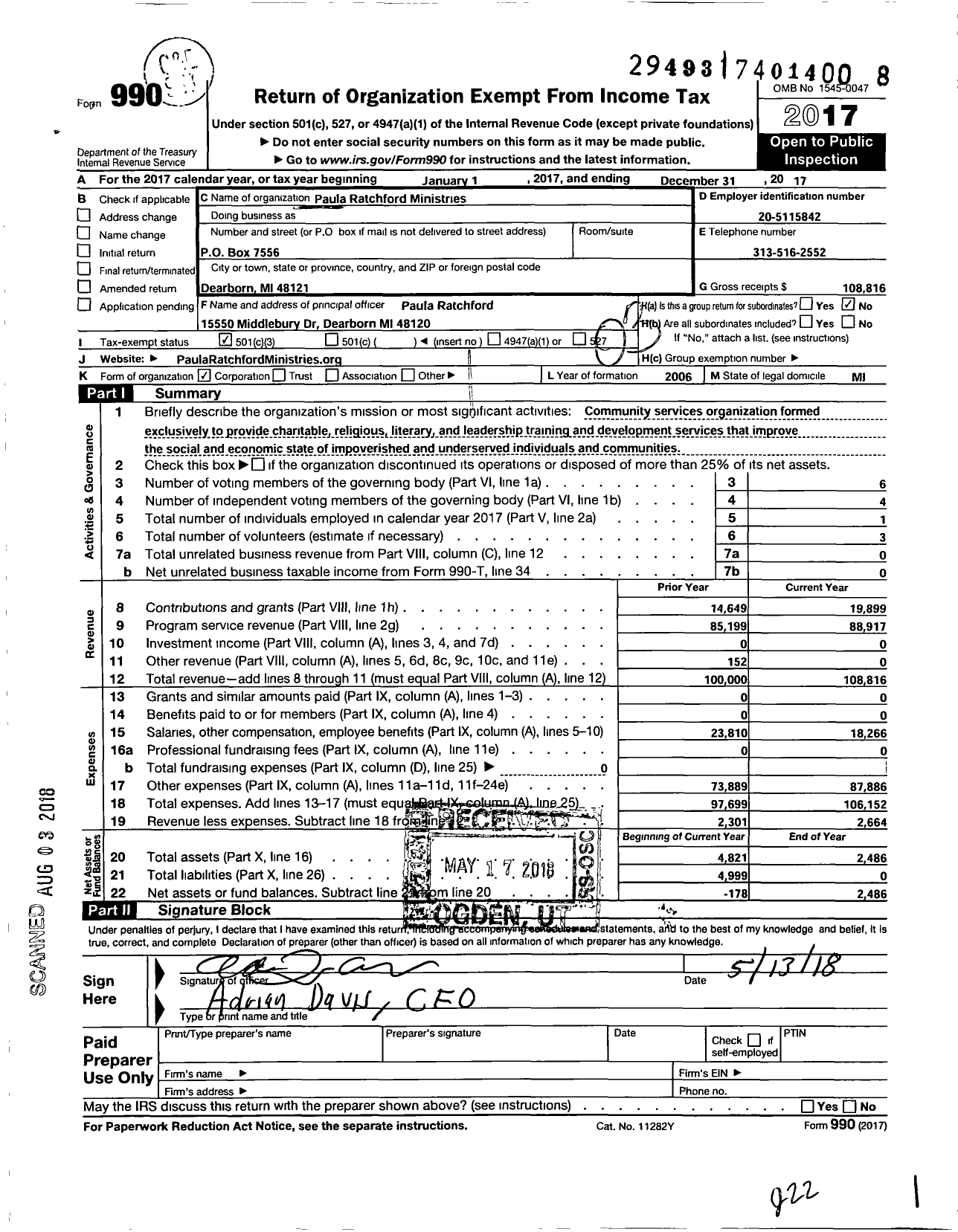 Image of first page of 2017 Form 990 for Paula Ratchford Ministries