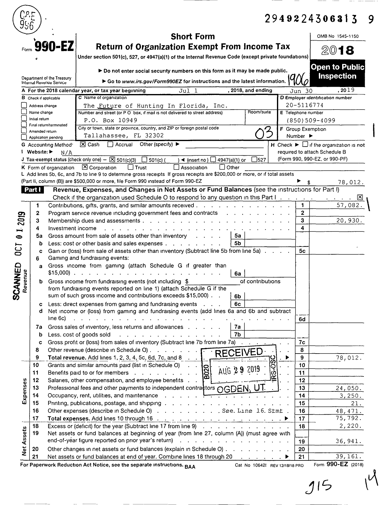 Image of first page of 2018 Form 990EZ for The Future of Hunting In Florida