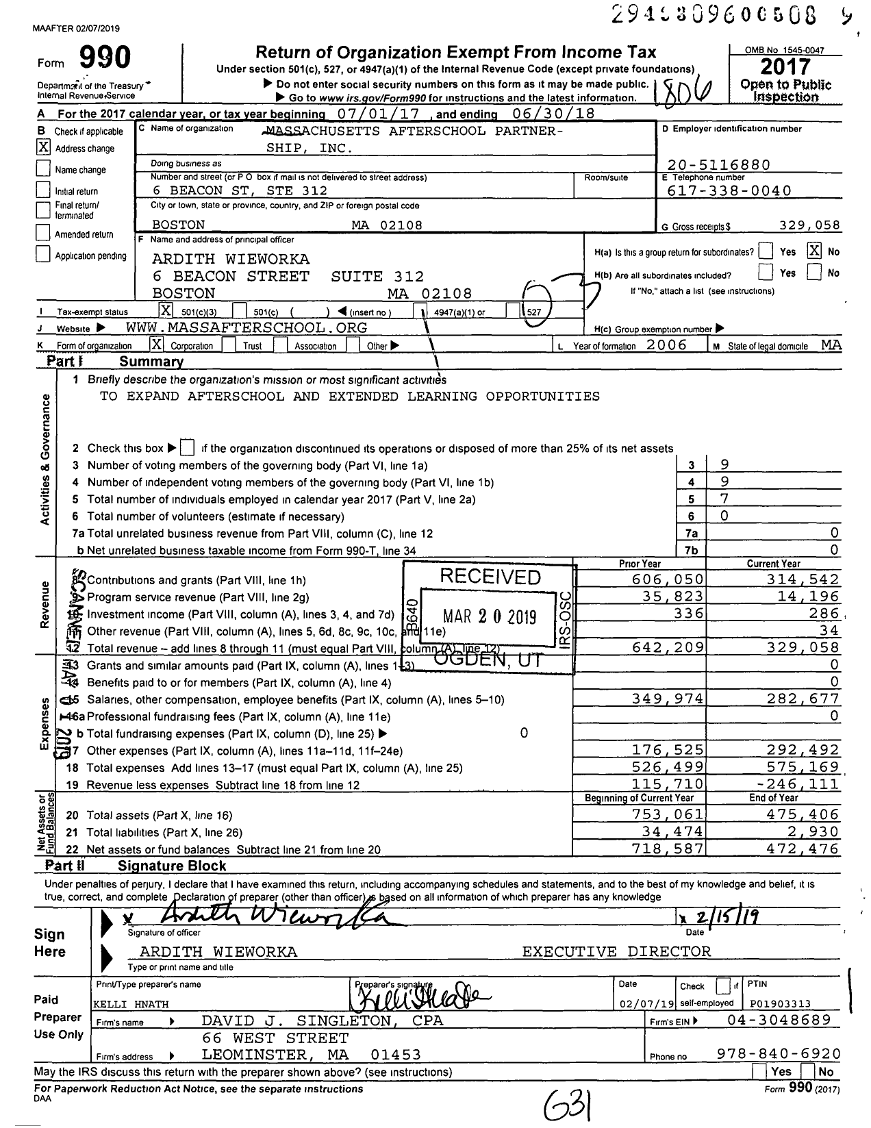Image of first page of 2017 Form 990 for Massachusetts Afterschool Partner- Ship