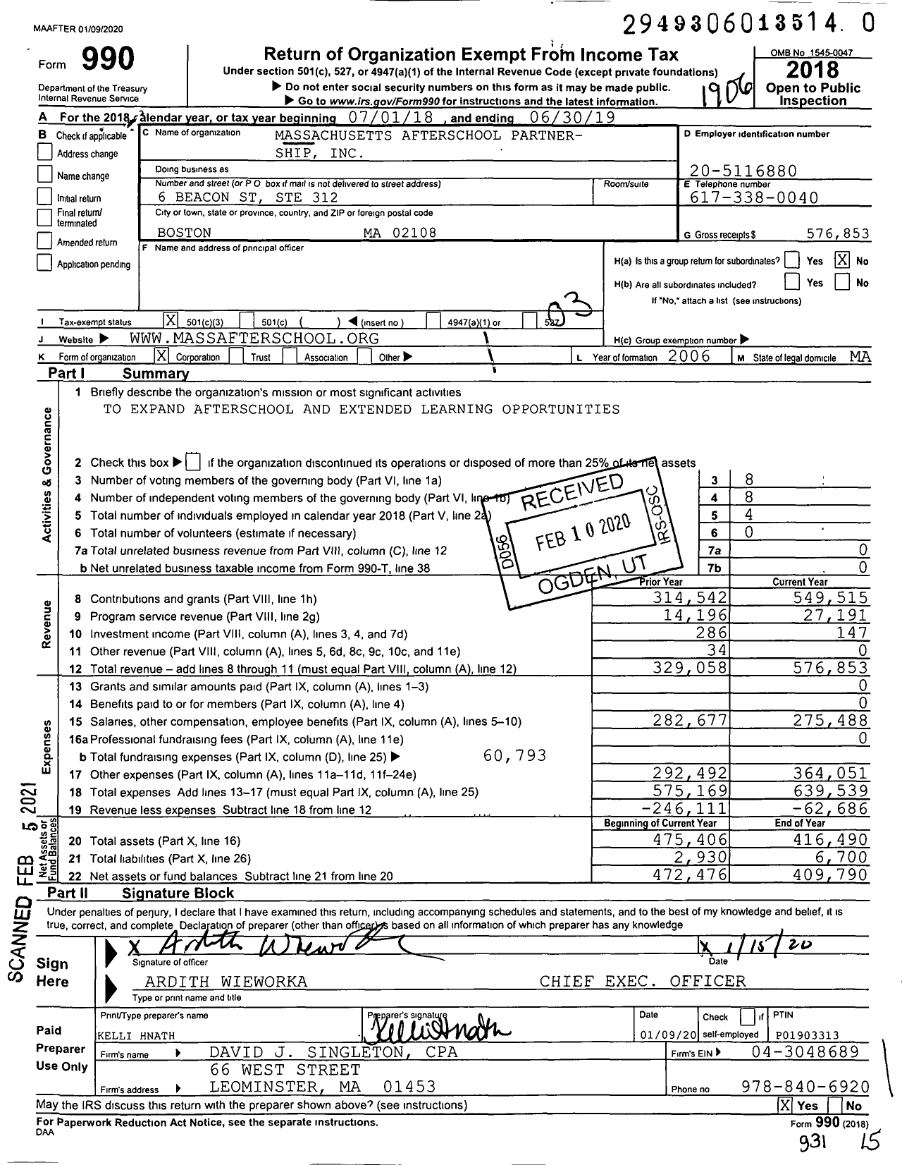 Image of first page of 2018 Form 990 for Massachusetts Afterschool Partner- Ship