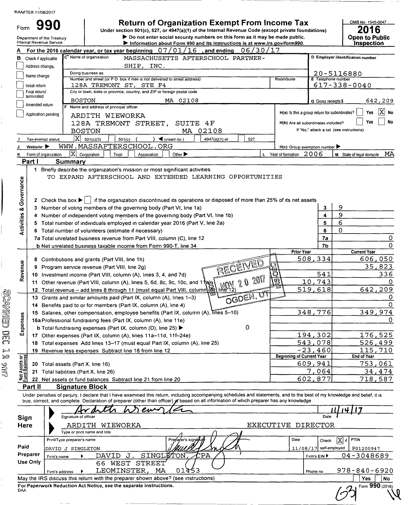 Image of first page of 2016 Form 990 for Massachusetts Afterschool Partner- Ship
