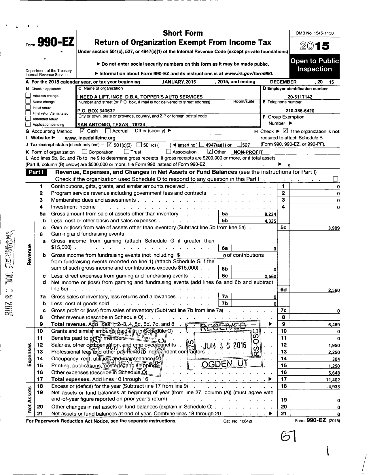 Image of first page of 2015 Form 990EZ for I Need A Lift