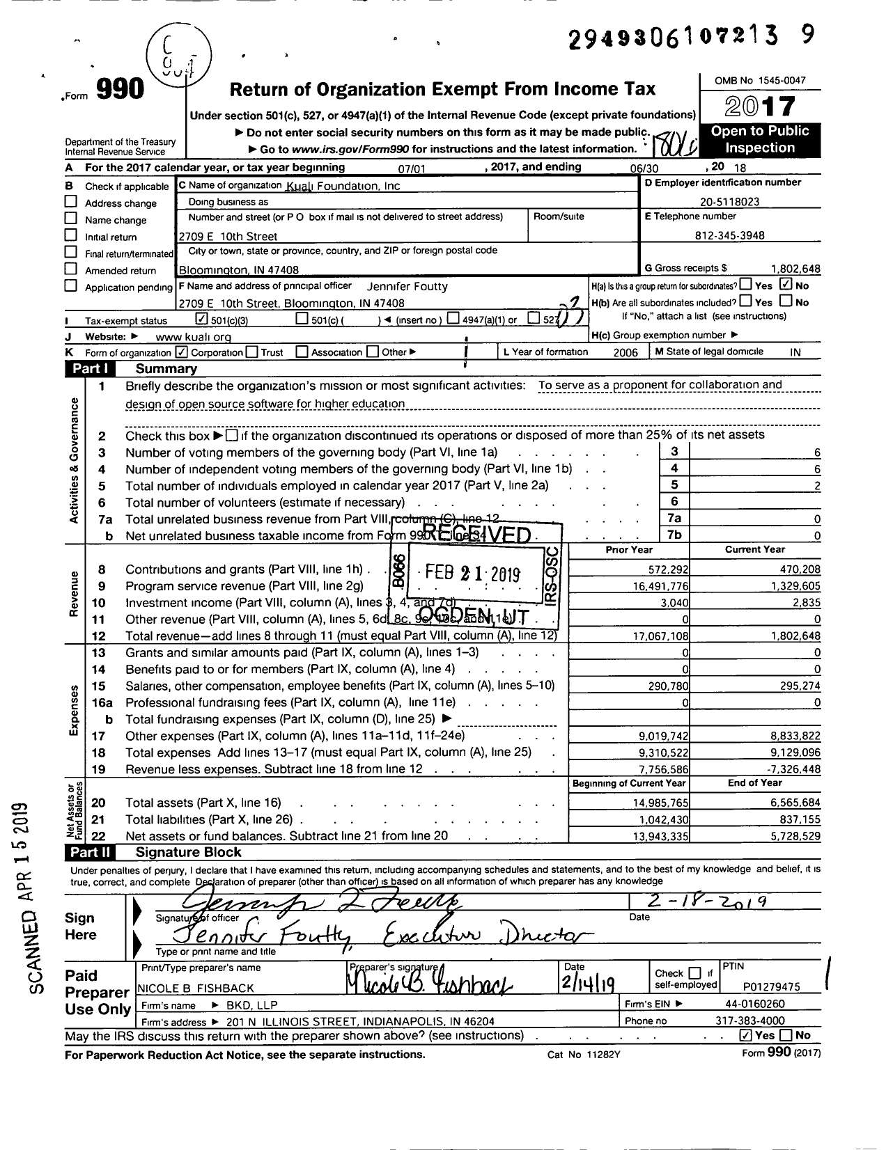 Image of first page of 2017 Form 990 for Kuali Foundation