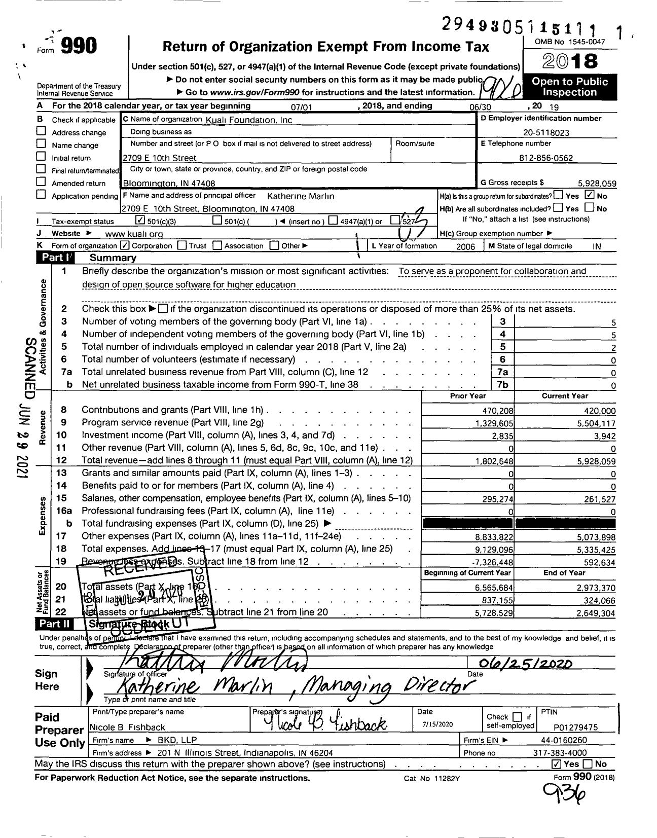 Image of first page of 2018 Form 990 for Kuali Foundation