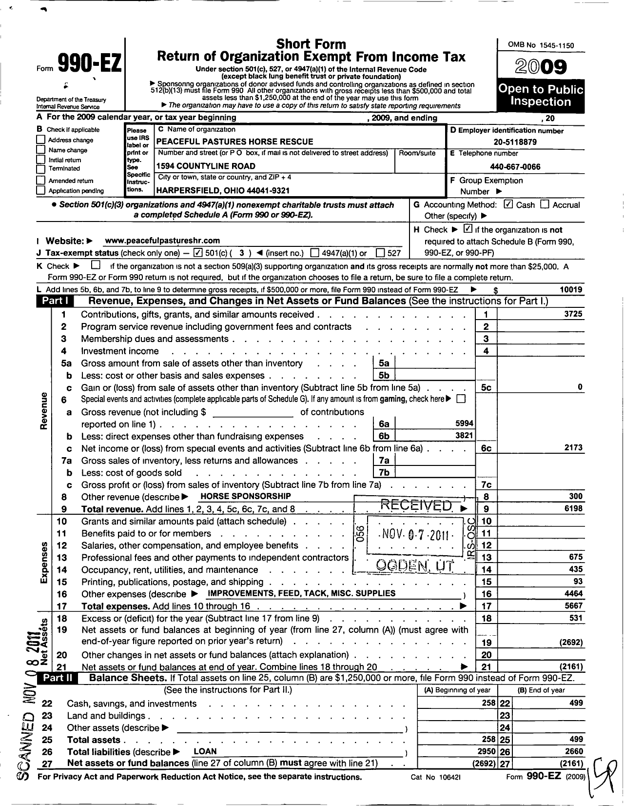 Image of first page of 2009 Form 990EZ for Peaceful Pastures Horse Rescue