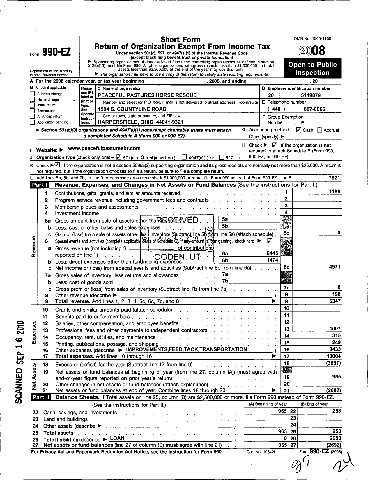 Image of first page of 2008 Form 990EZ for Peaceful Pastures Horse Rescue