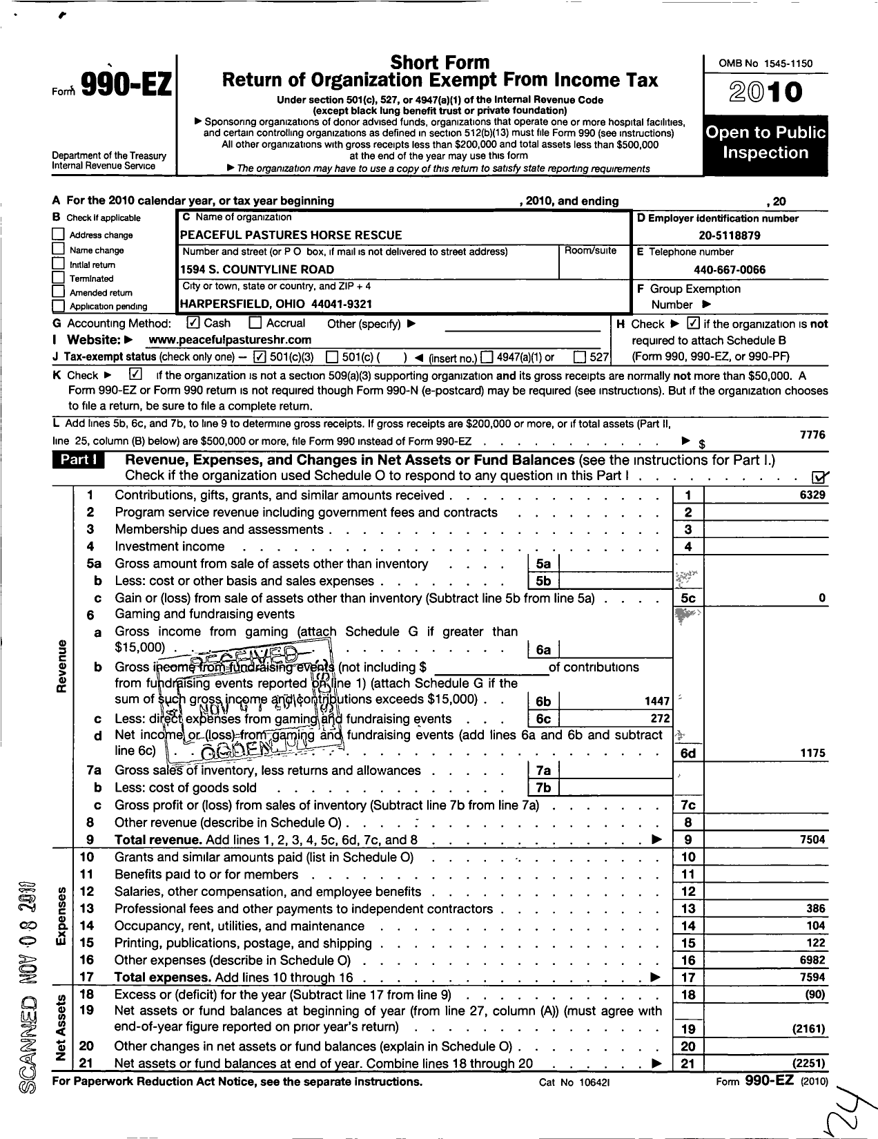 Image of first page of 2010 Form 990EZ for Peaceful Pastures Horse Rescue