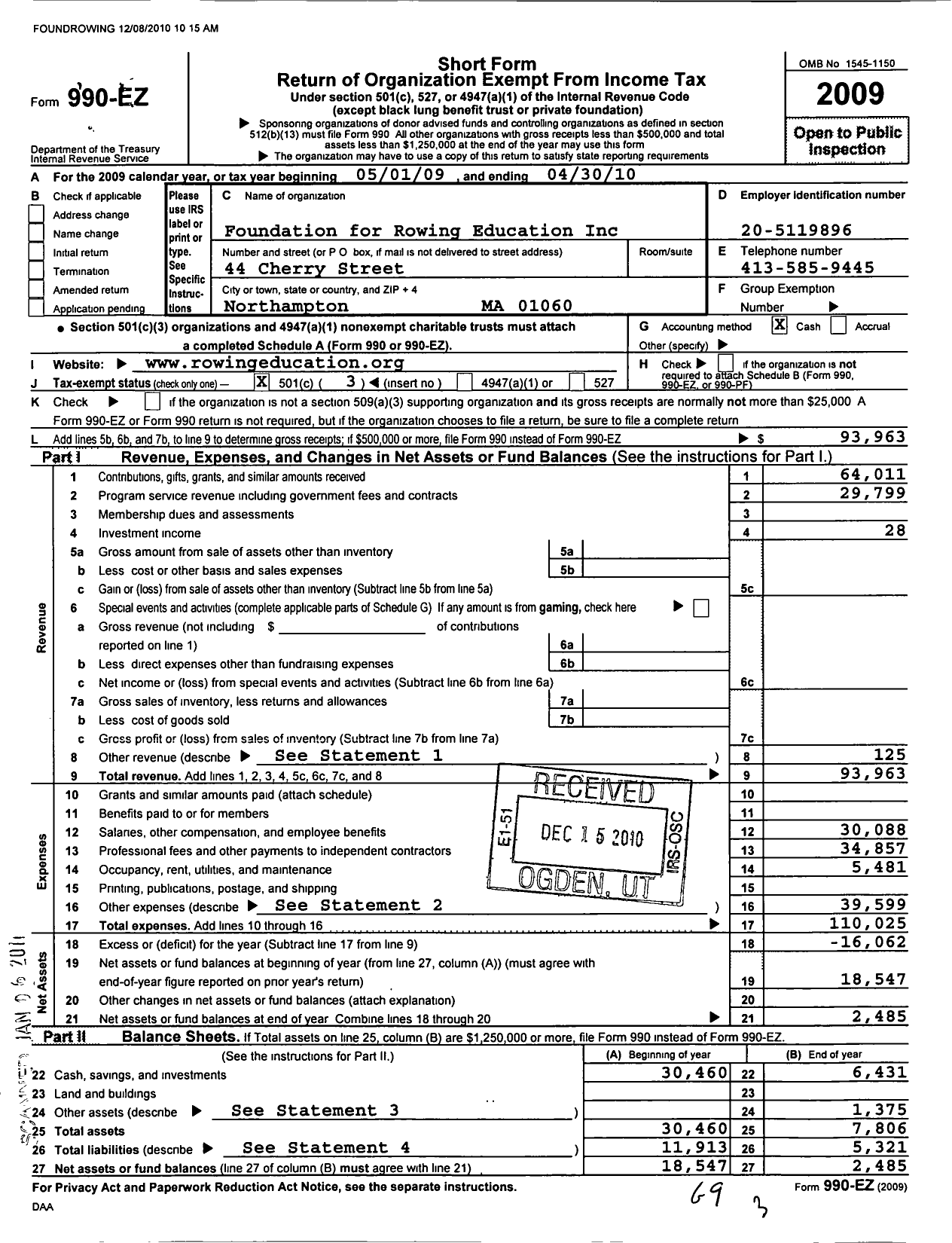 Image of first page of 2009 Form 990EZ for Foundation for Rowing Education