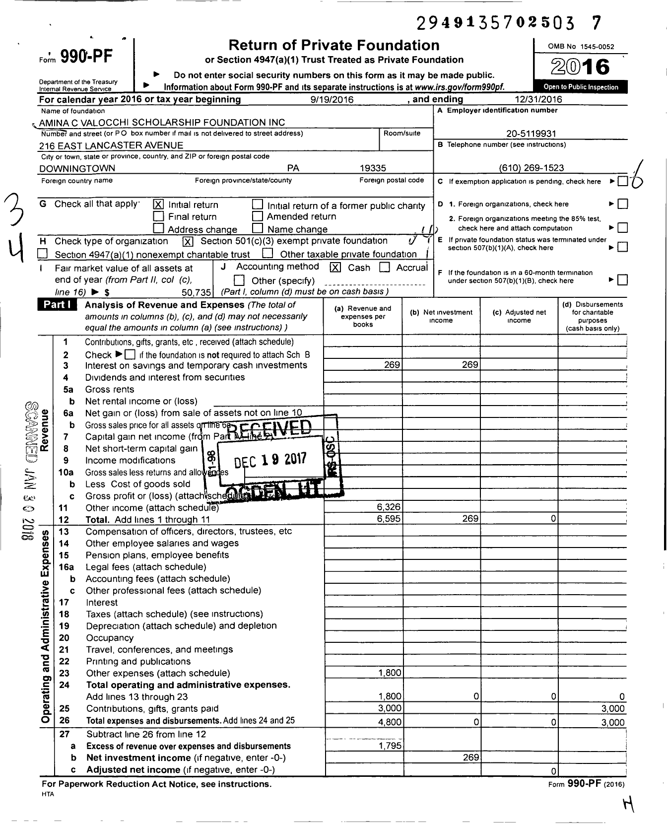 Image of first page of 2016 Form 990PF for Amina C Valocchi Scholarship Foundation