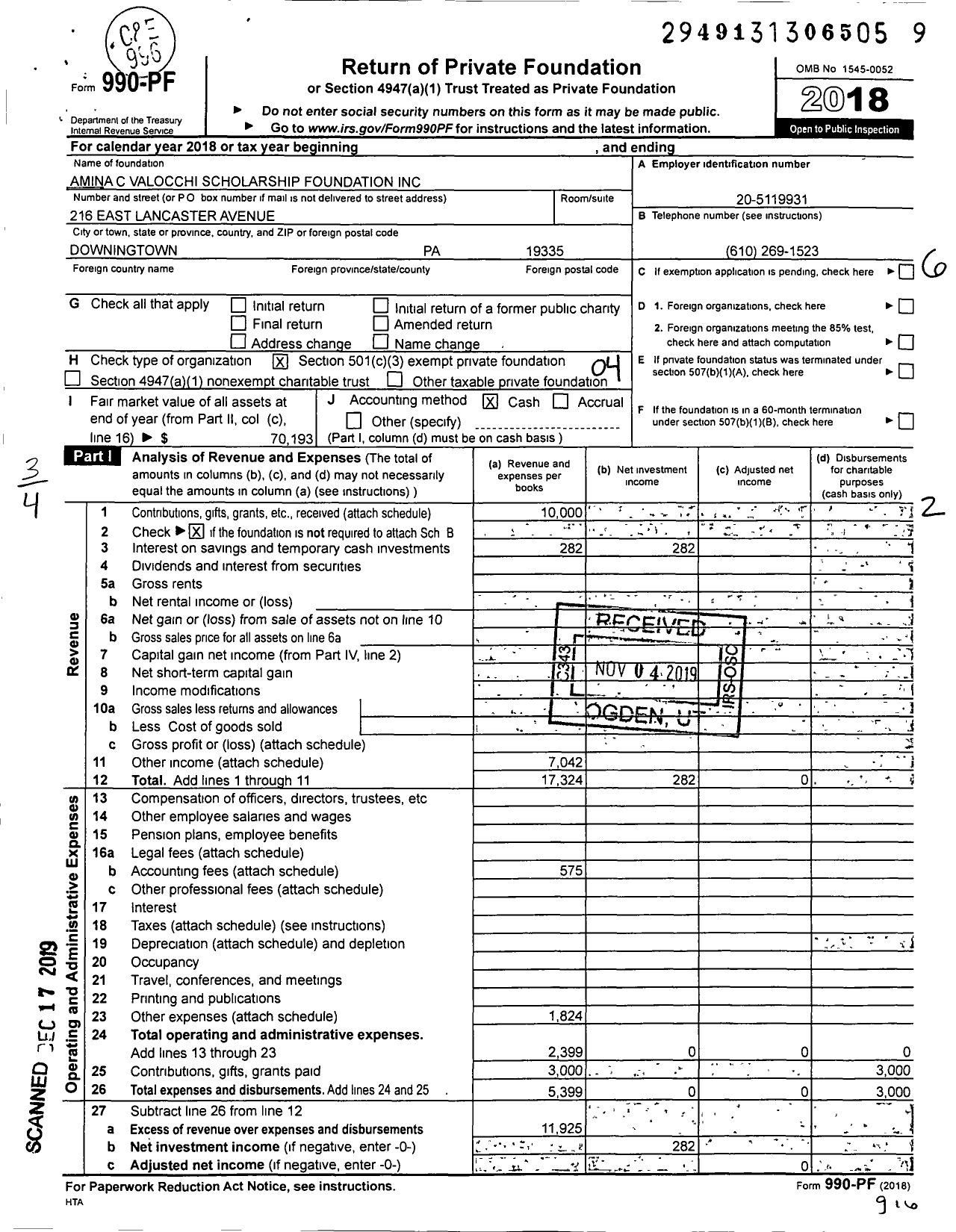 Image of first page of 2018 Form 990PF for Amina C Valocchi Scholarship Foundation