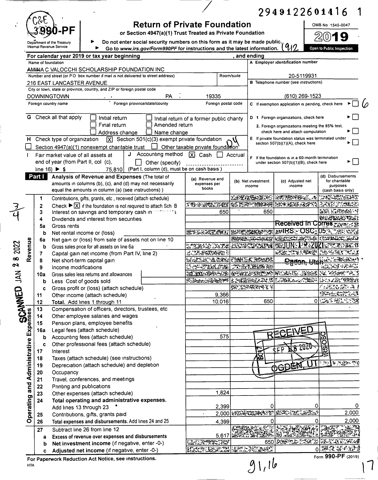 Image of first page of 2019 Form 990PF for Amina C Valocchi Scholarship Foundation