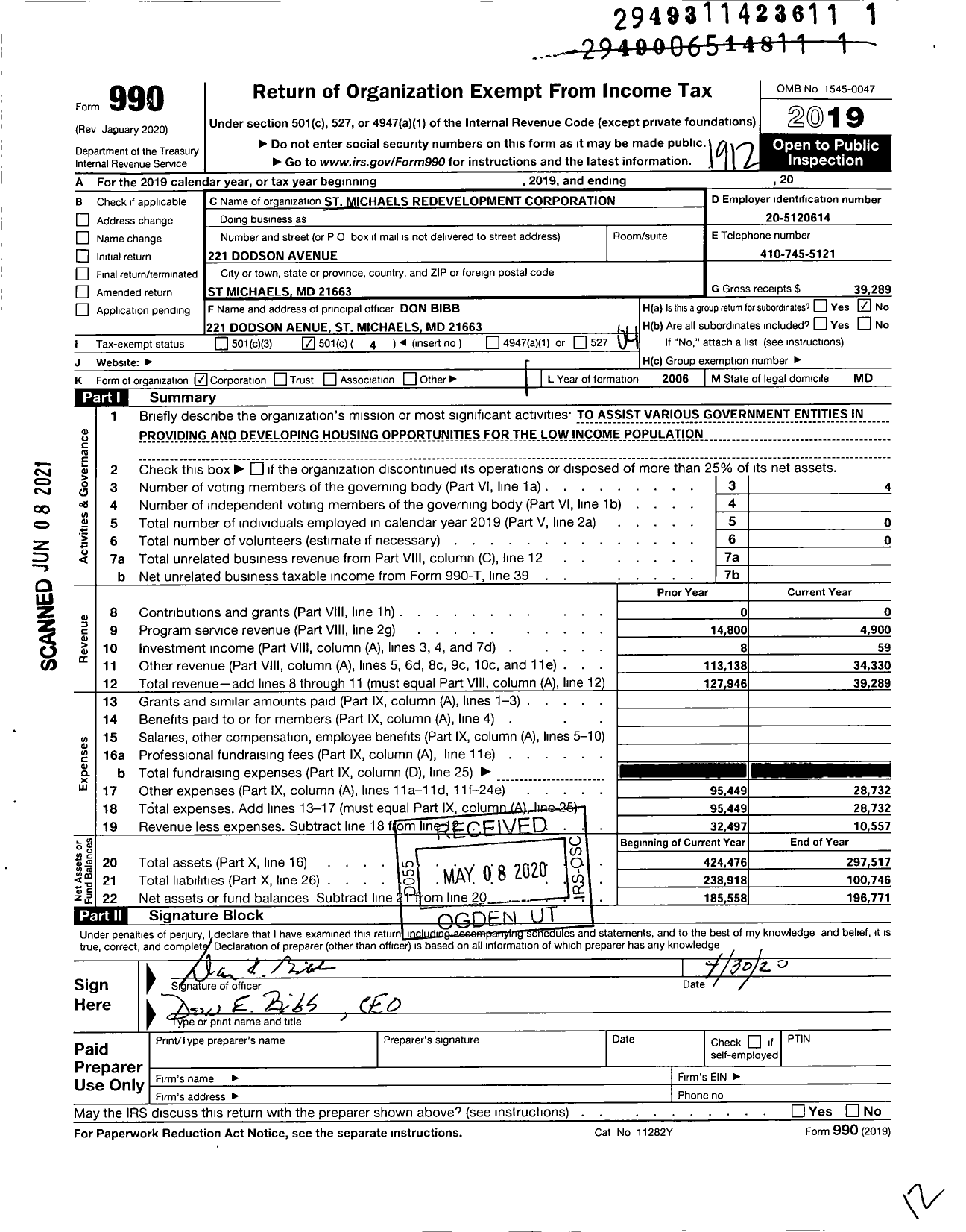 Image of first page of 2019 Form 990O for St Michaels Redevelopment Corporation