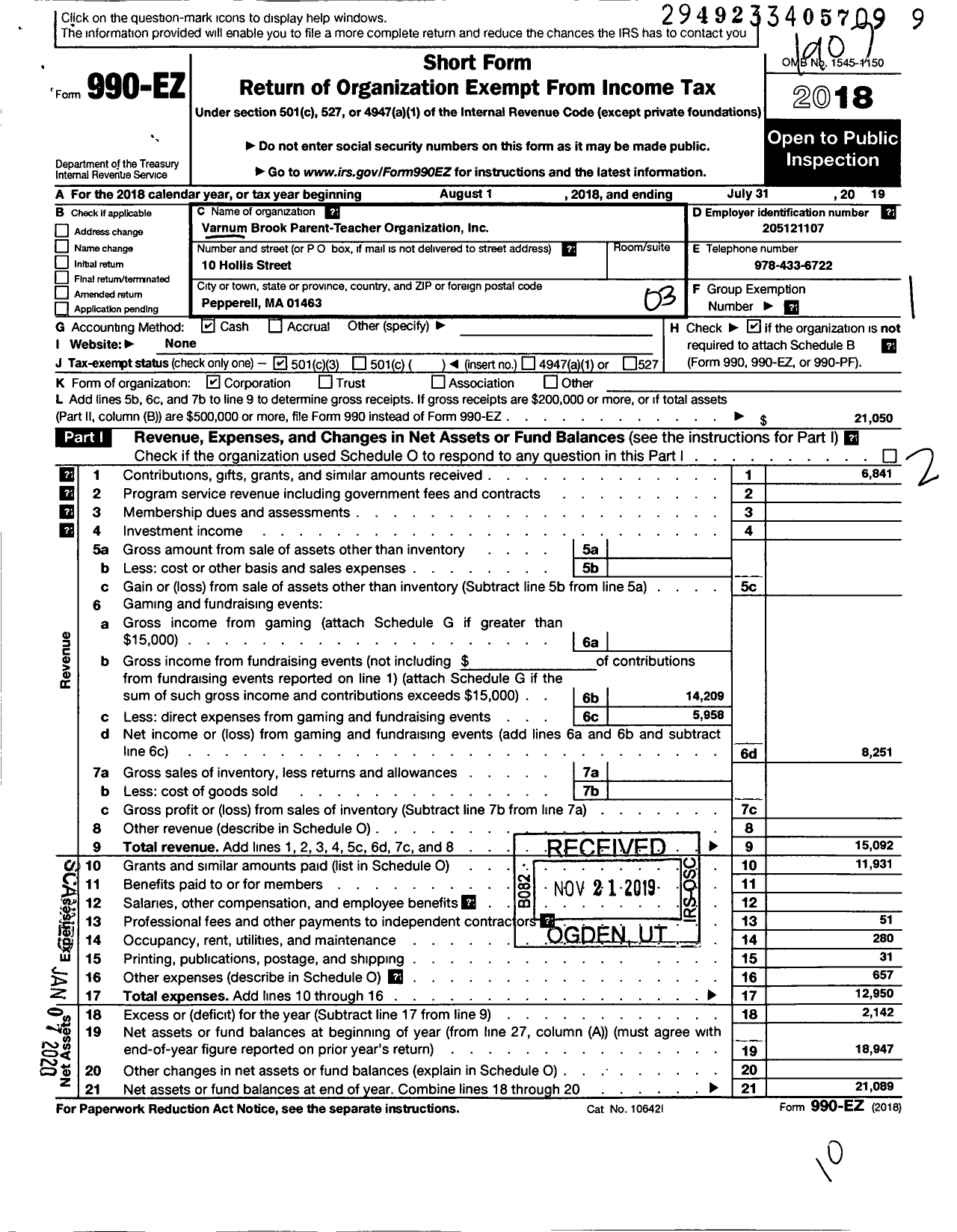 Image of first page of 2018 Form 990EZ for Varnum Brook Parent-Teacher Organization