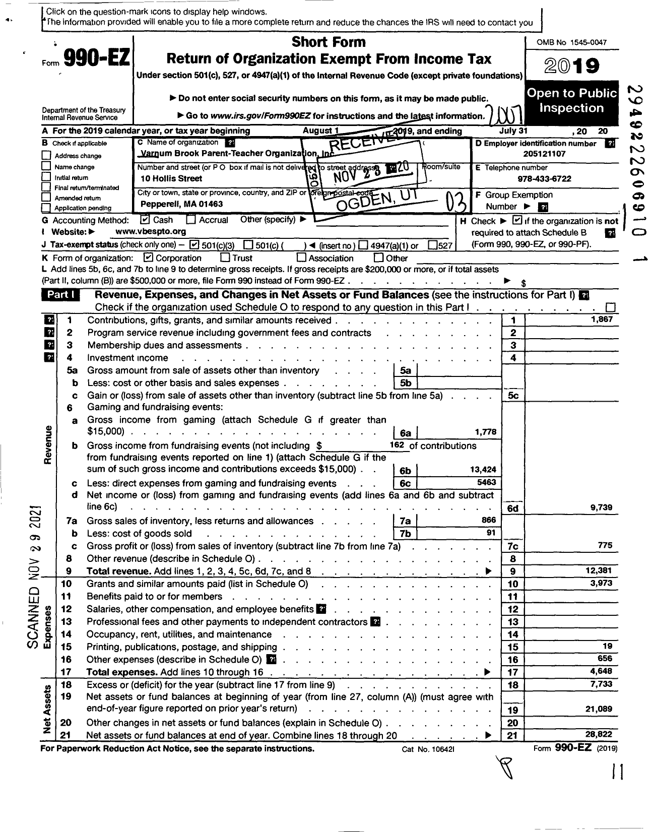 Image of first page of 2019 Form 990EZ for Varnum Brook Parent-Teacher Organization