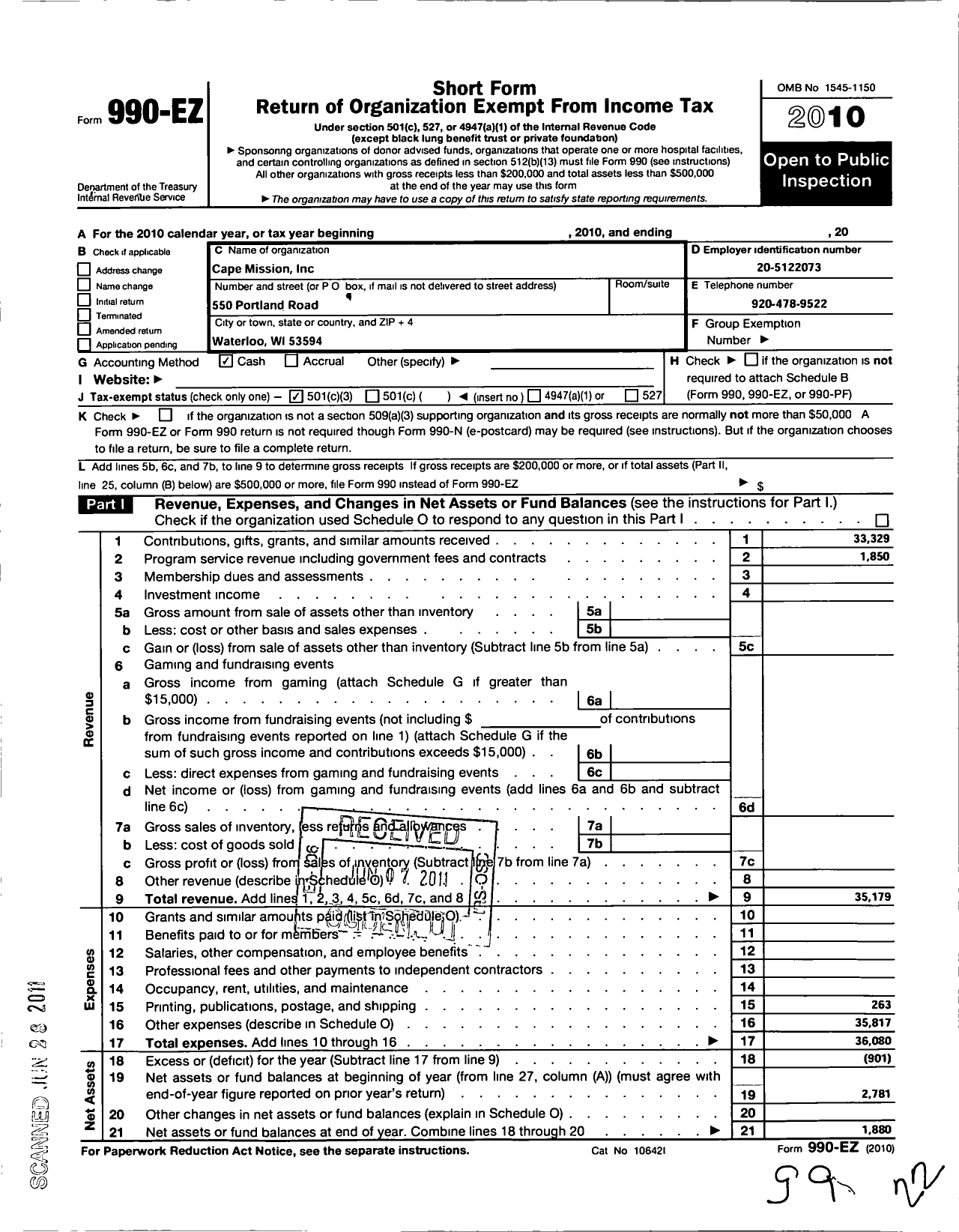 Image of first page of 2010 Form 990EZ for Cape Mission