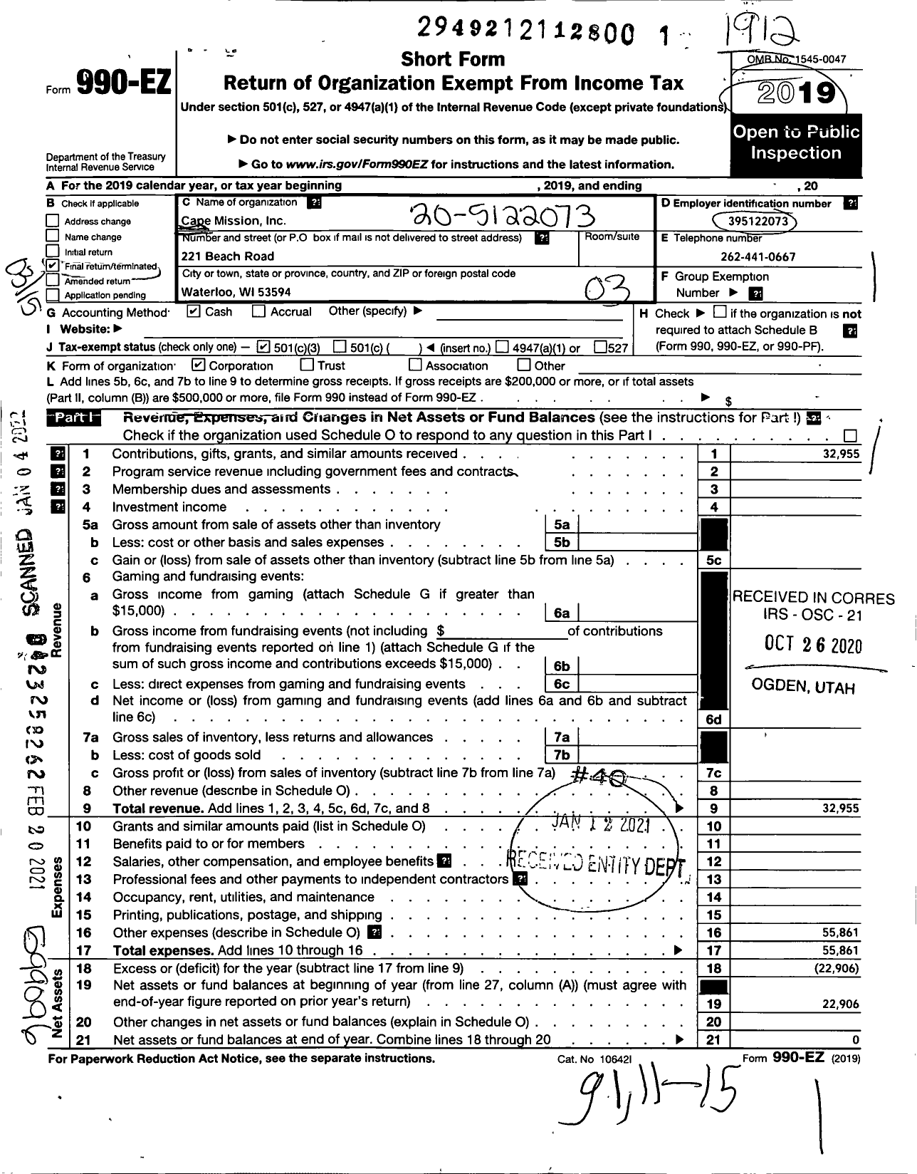 Image of first page of 2019 Form 990EZ for Cape Mission