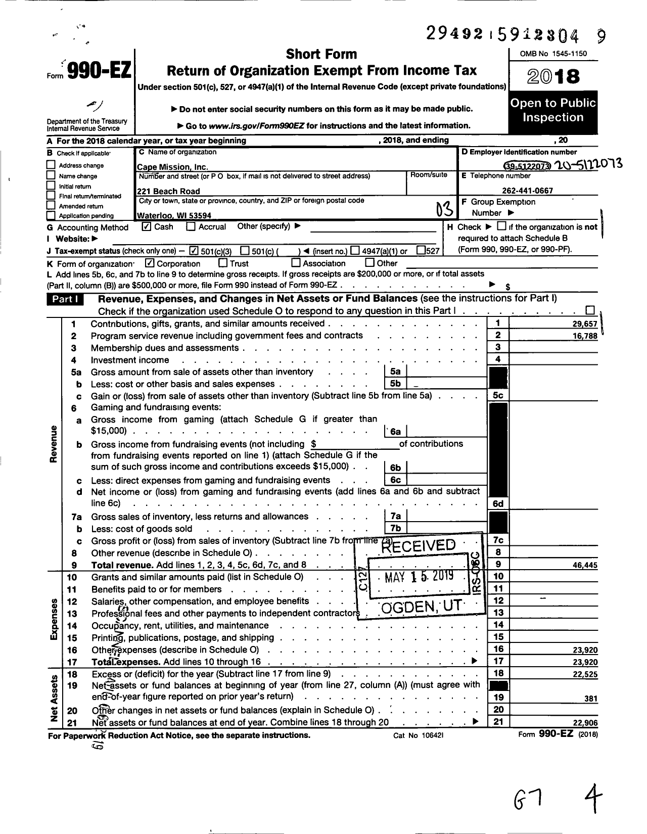 Image of first page of 2018 Form 990EZ for Cape Mission