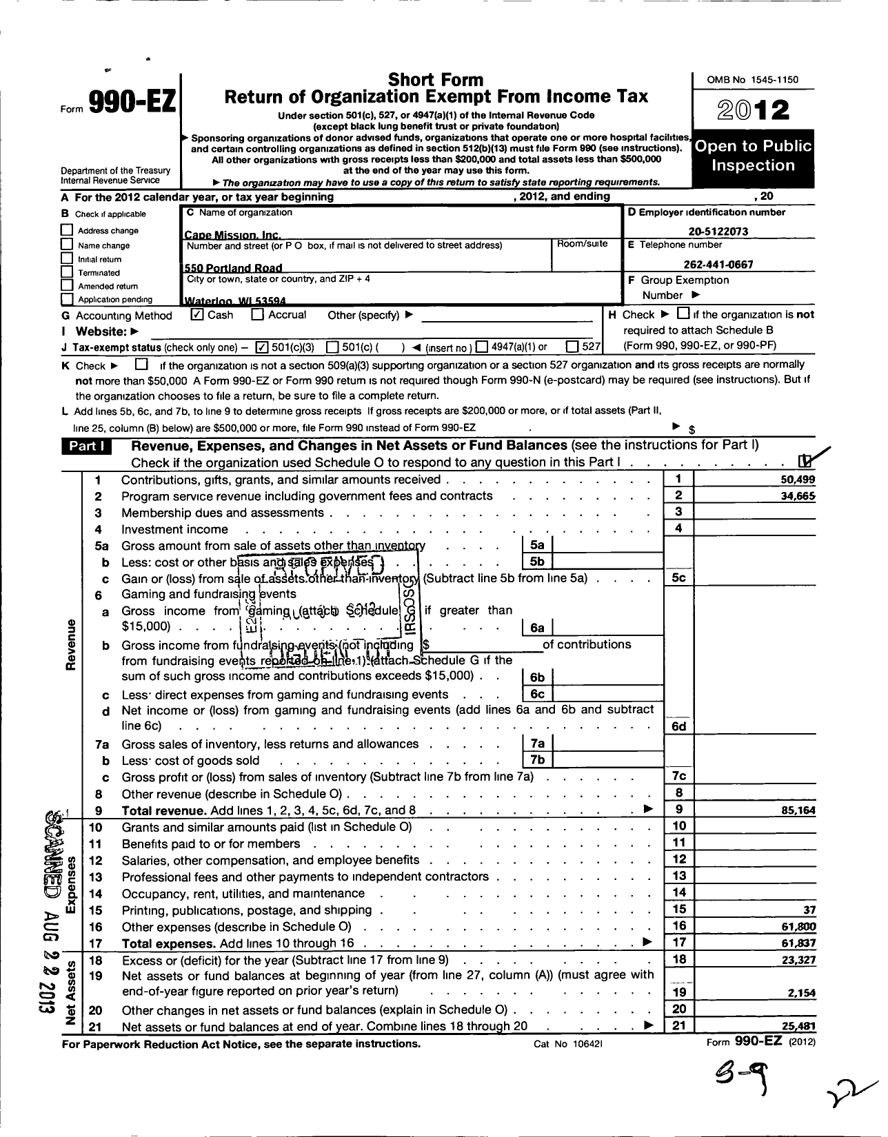 Image of first page of 2012 Form 990EZ for Cape Mission