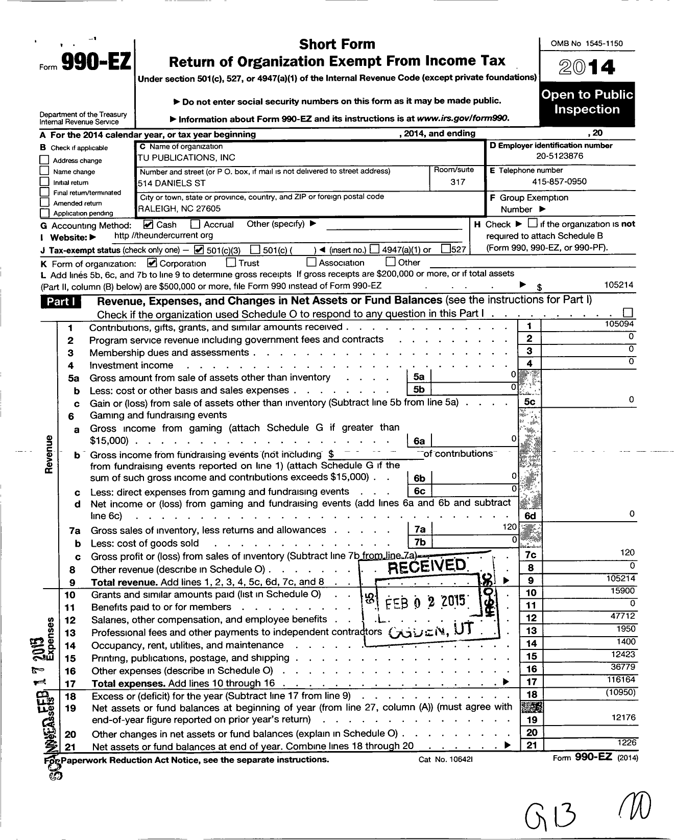 Image of first page of 2014 Form 990EZ for Tu Publications