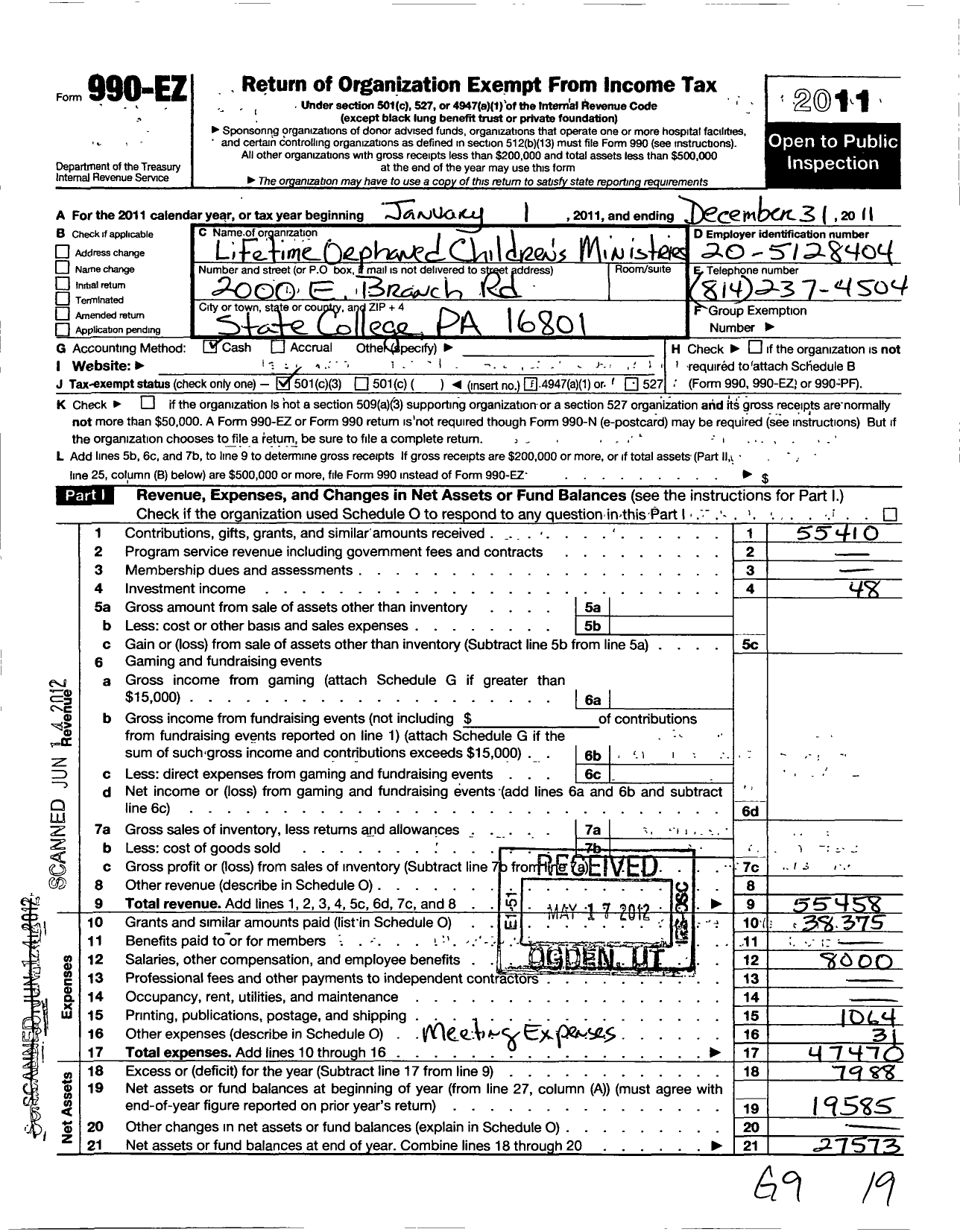 Image of first page of 2011 Form 990EZ for Lifetime Orphaned Childrens Ministries