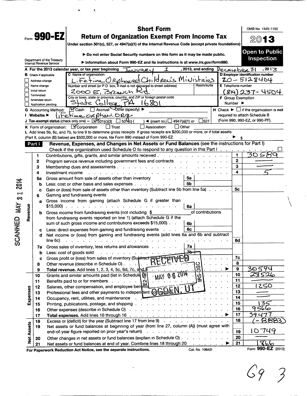 Image of first page of 2013 Form 990EZ for Lifetime Orphaned Childrens Ministries