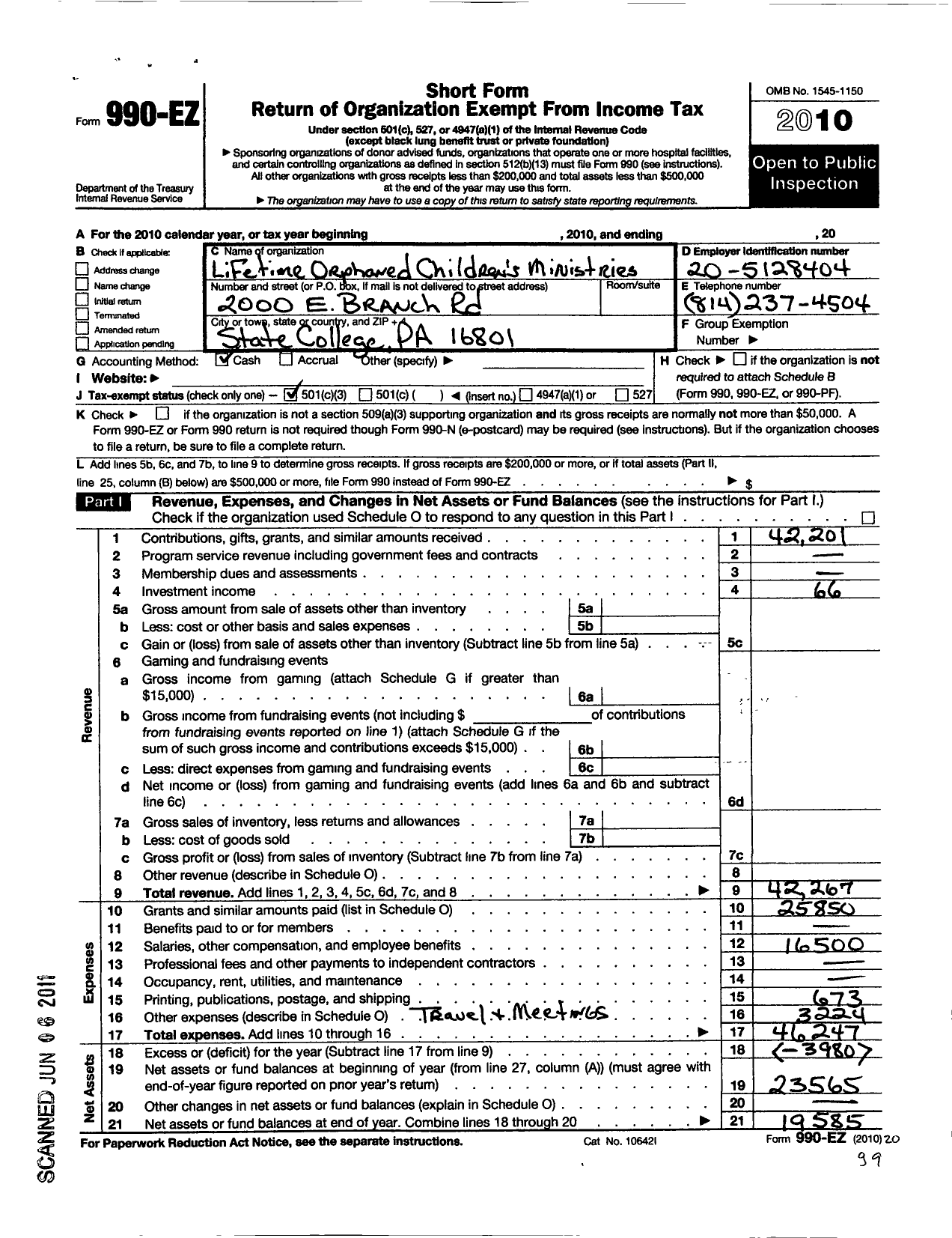 Image of first page of 2010 Form 990EZ for Lifetime Orphaned Childrens Ministries