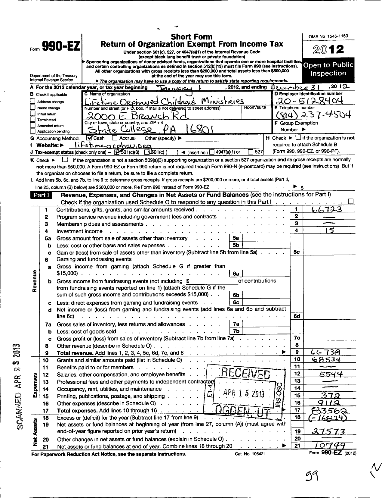 Image of first page of 2012 Form 990EZ for Lifetime Orphaned Childrens Ministries